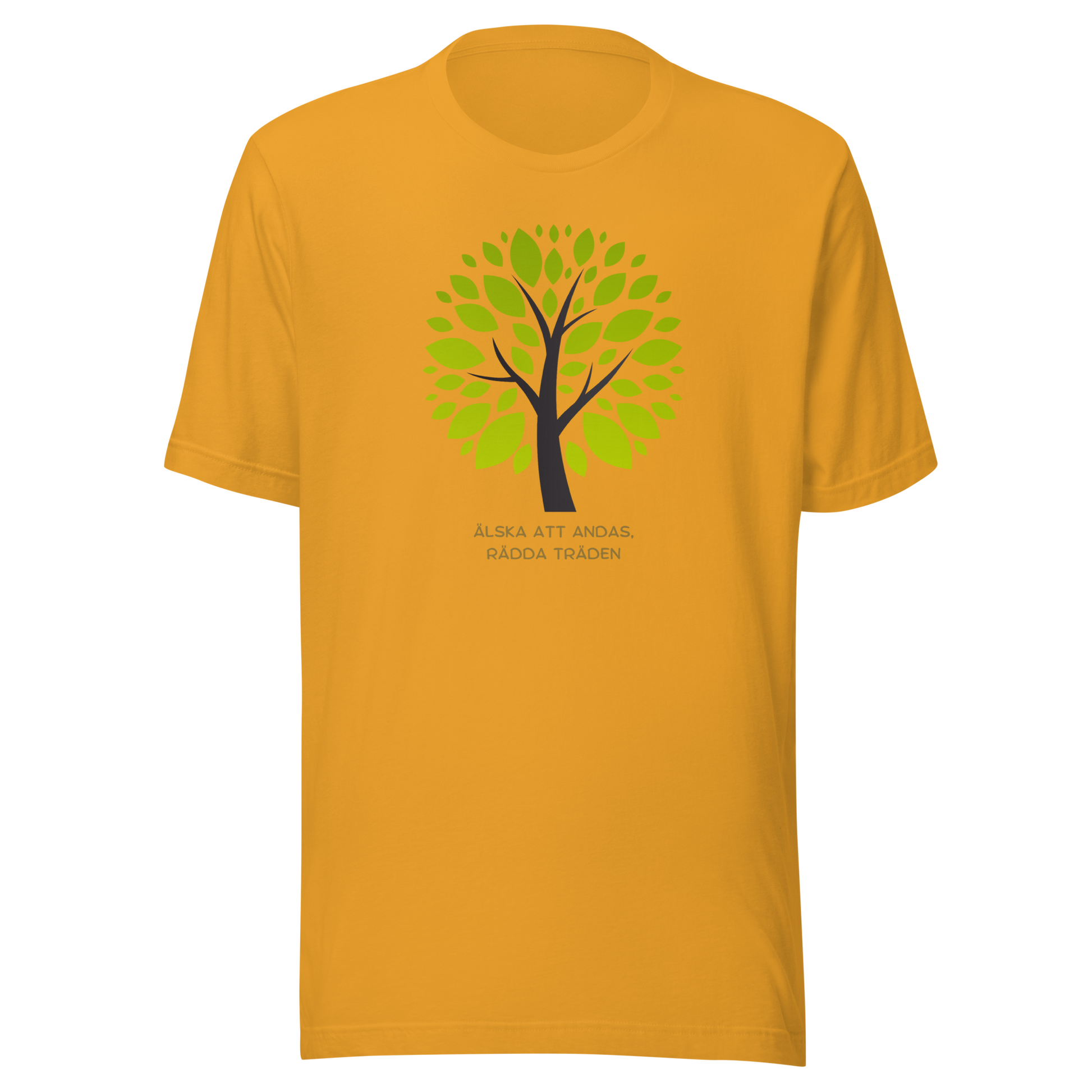 Senapsgul unisex t-shirt med ett grönt träd och texten “Älska att andas. Rädda träden.” tryckt på framsidan.
Mustard unisex t-shirt with a green tree and the text “Love to breathe. Save the trees.” printed on the front.