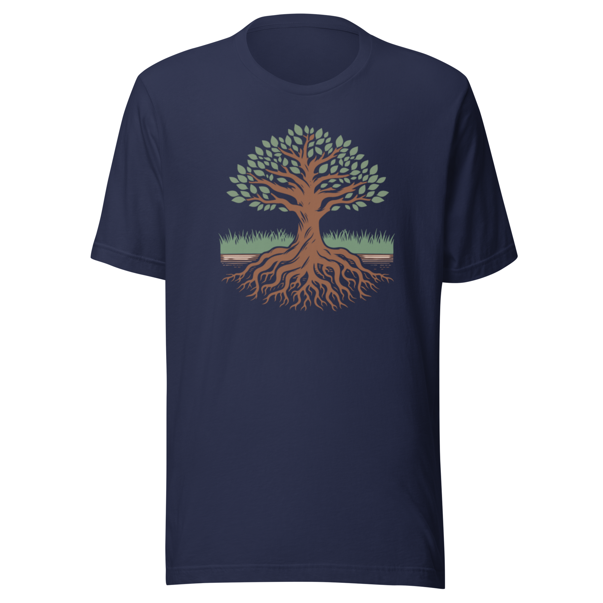 Marinblå unisex t-shirt med ett motiv av ett träd med gröna blad och djupa rötter tryckt på framsidan.
Navy unisex t-shirt with a design of a tree with green leaves and deep roots printed on the front.