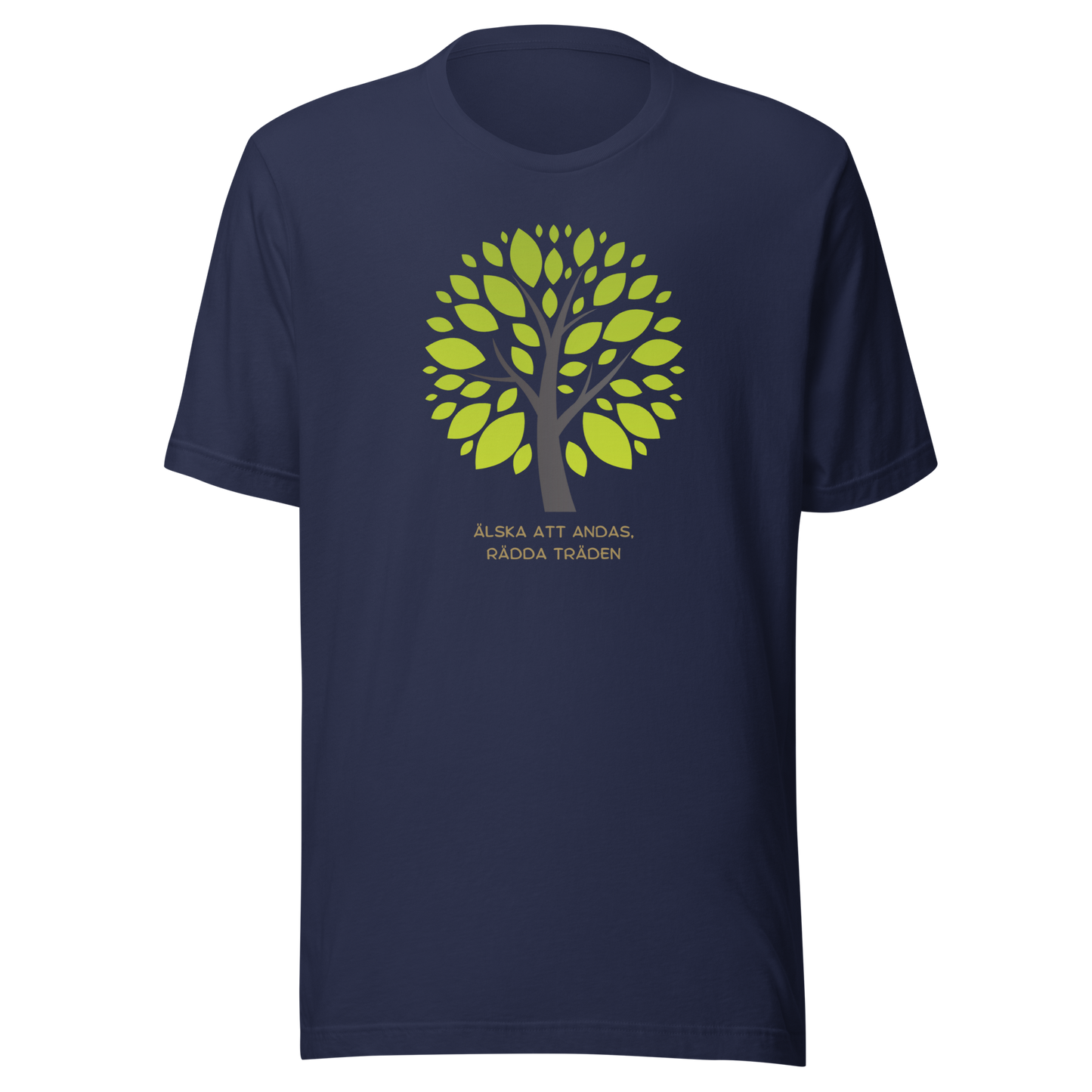 Marinblå unisex t-shirt med ett grönt träd och texten “Älska att andas. Rädda träden.” tryckt på framsidan.
Navy unisex t-shirt with a green tree and the text “Love to breathe. Save the trees.” printed on the front.