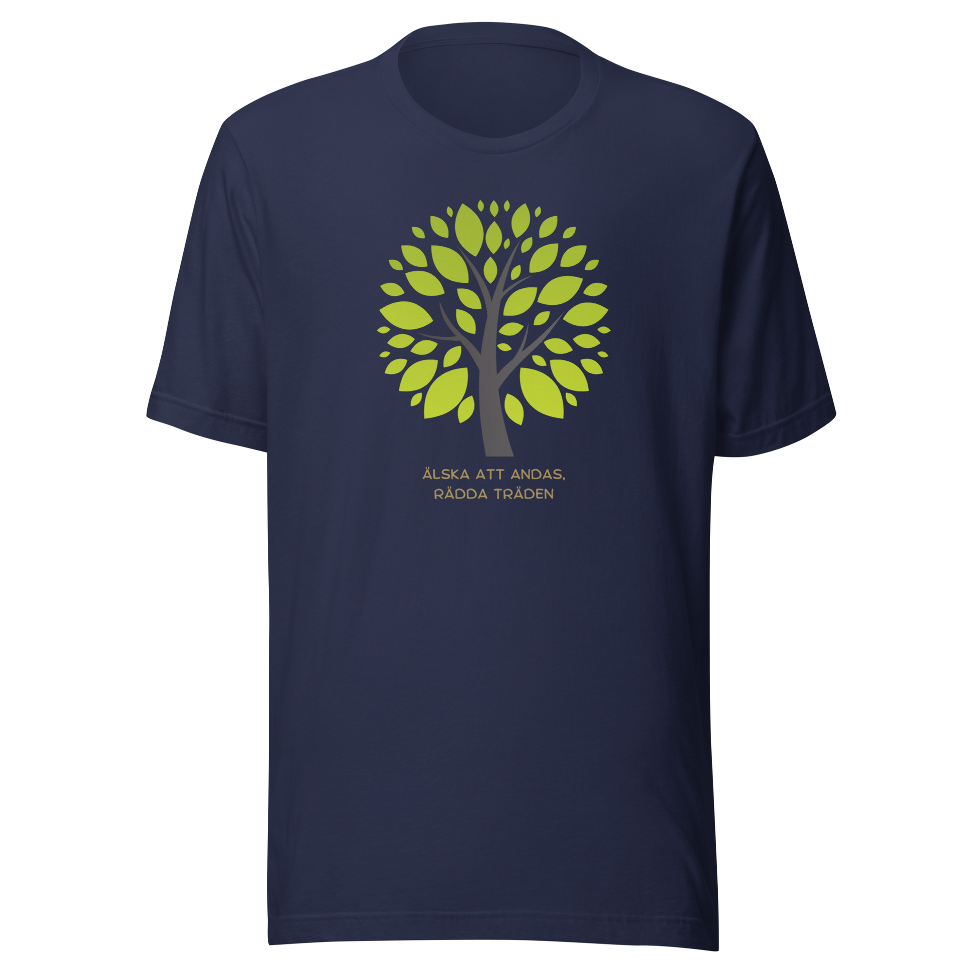 Marinblå unisex t-shirt med ett grönt träd och texten “Älska att andas. Rädda träden.” tryckt på framsidan.
Navy unisex t-shirt with a green tree and the text “Love to breathe. Save the trees.” printed on the front.