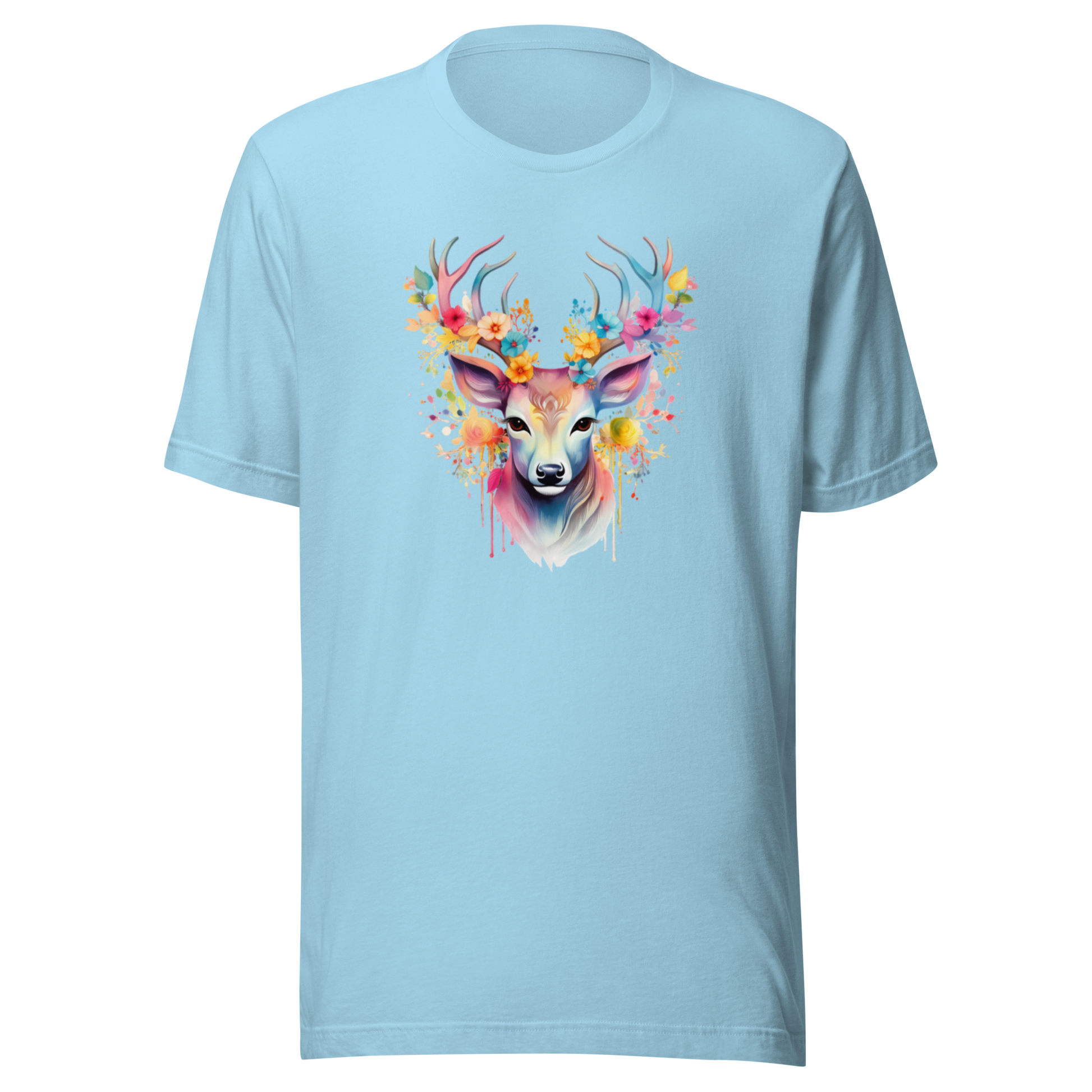 Oceanblå unisex t-shirt med ett färgglatt tryck av en hjort med blommor i hornen tryckt på framsidan.
Ocean blue unisex t-shirt with a colorful print of a deer with flowers in its antlers printed on the front.