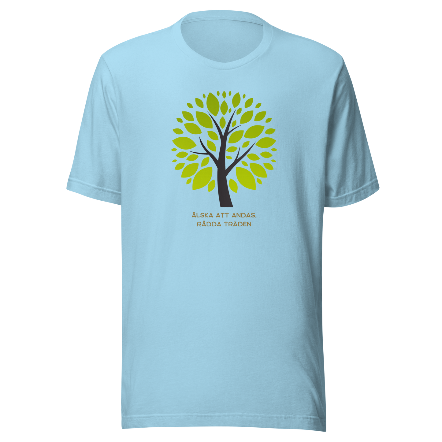 Oceanblå unisex t-shirt med ett grönt träd och texten “Älska att andas. Rädda träden.” tryckt på framsidan.
Ocean blue unisex t-shirt with a green tree and the text “Love to breathe. Save the trees.” printed on the front.