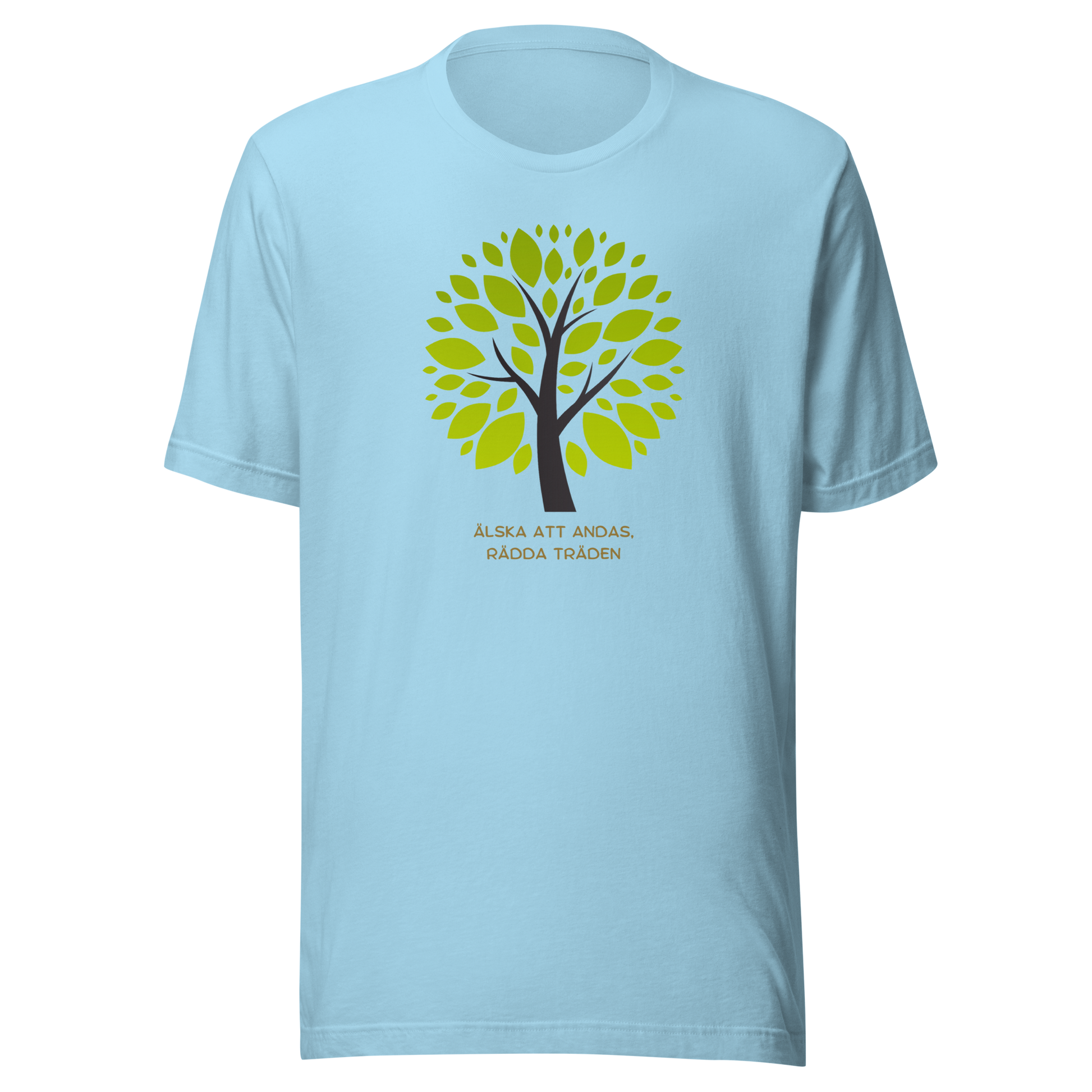 Oceanblå unisex t-shirt med ett grönt träd och texten “Älska att andas. Rädda träden.” tryckt på framsidan.
Ocean blue unisex t-shirt with a green tree and the text “Love to breathe. Save the trees.” printed on the front.