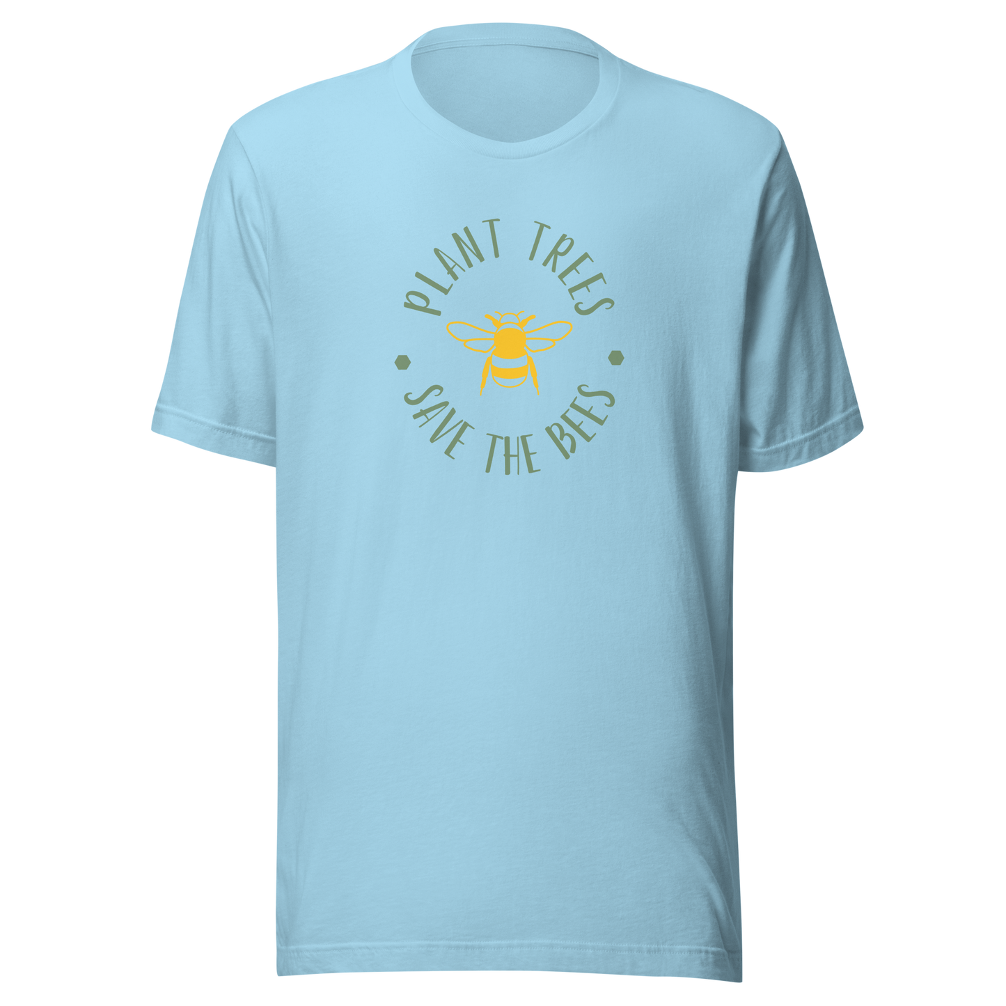 Oceanblå unisex t-shirt med ett gult bimotiv och texten “Plant Trees, Save the Bees” tryckt på framsidan.
Ocean blue unisex t-shirt with a yellow bee and the text “Plant Trees, Save the Bees” printed on the front.