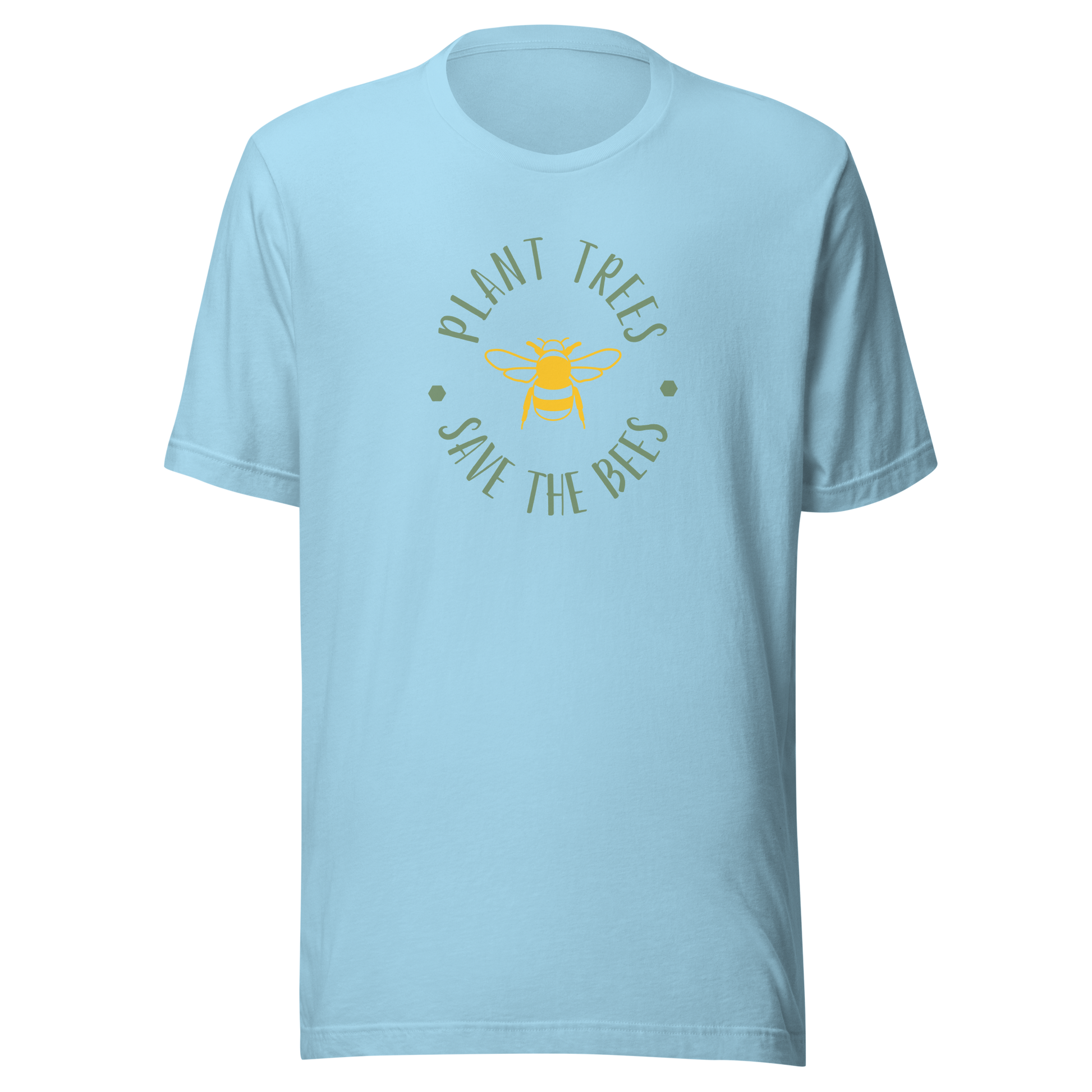 Oceanblå unisex t-shirt med ett gult bimotiv och texten “Plant Trees, Save the Bees” tryckt på framsidan.
Ocean blue unisex t-shirt with a yellow bee and the text “Plant Trees, Save the Bees” printed on the front.