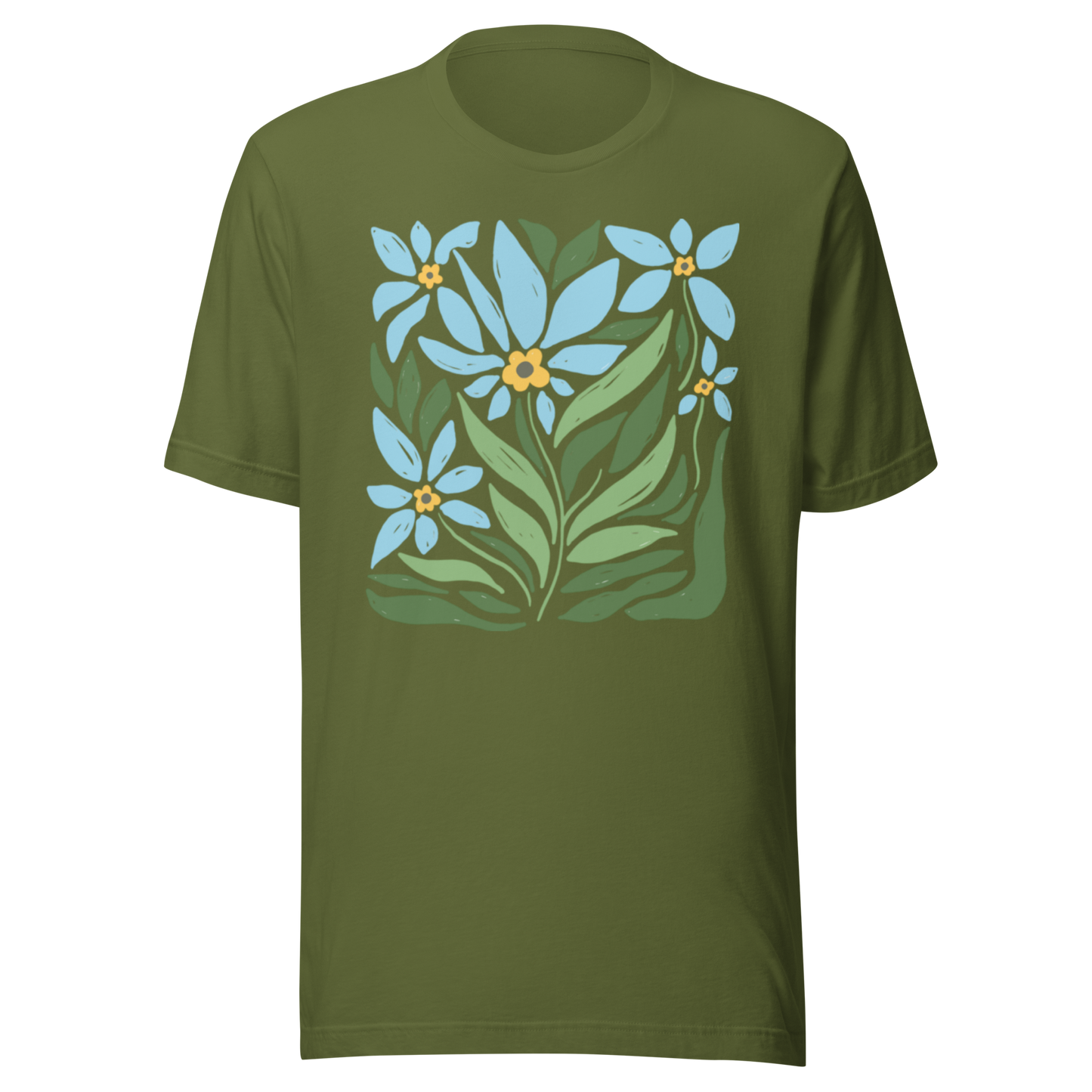 Olivgrön unisex t-shirt med ett stiliserat motiv av blå blommor och gröna blad tryckt på framsidan.
Olive unisex t-shirt with a stylized design of blue flowers and green leaves printed on the front.