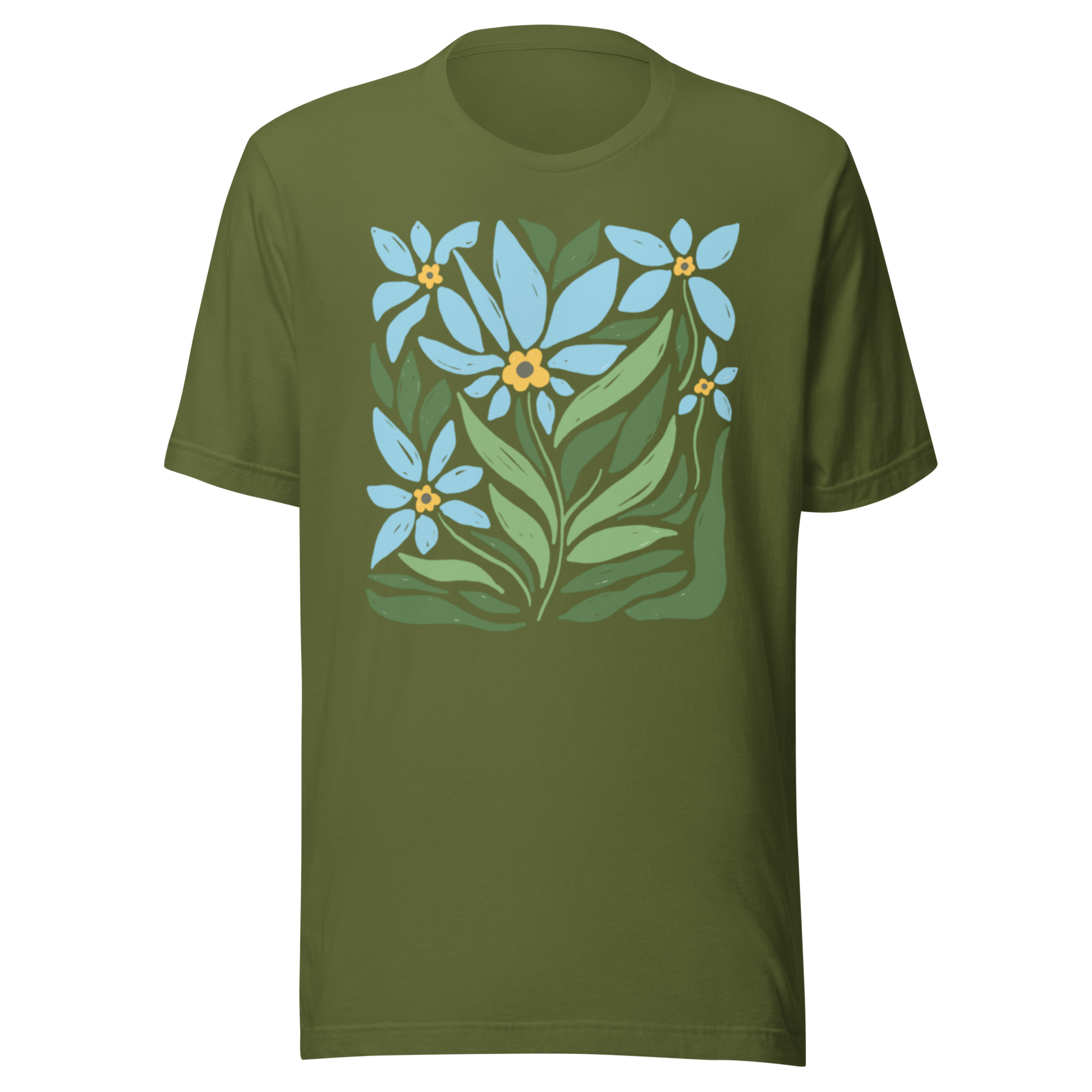 Olivgrön unisex t-shirt med ett stiliserat motiv av blå blommor och gröna blad tryckt på framsidan.
Olive unisex t-shirt with a stylized design of blue flowers and green leaves printed on the front.