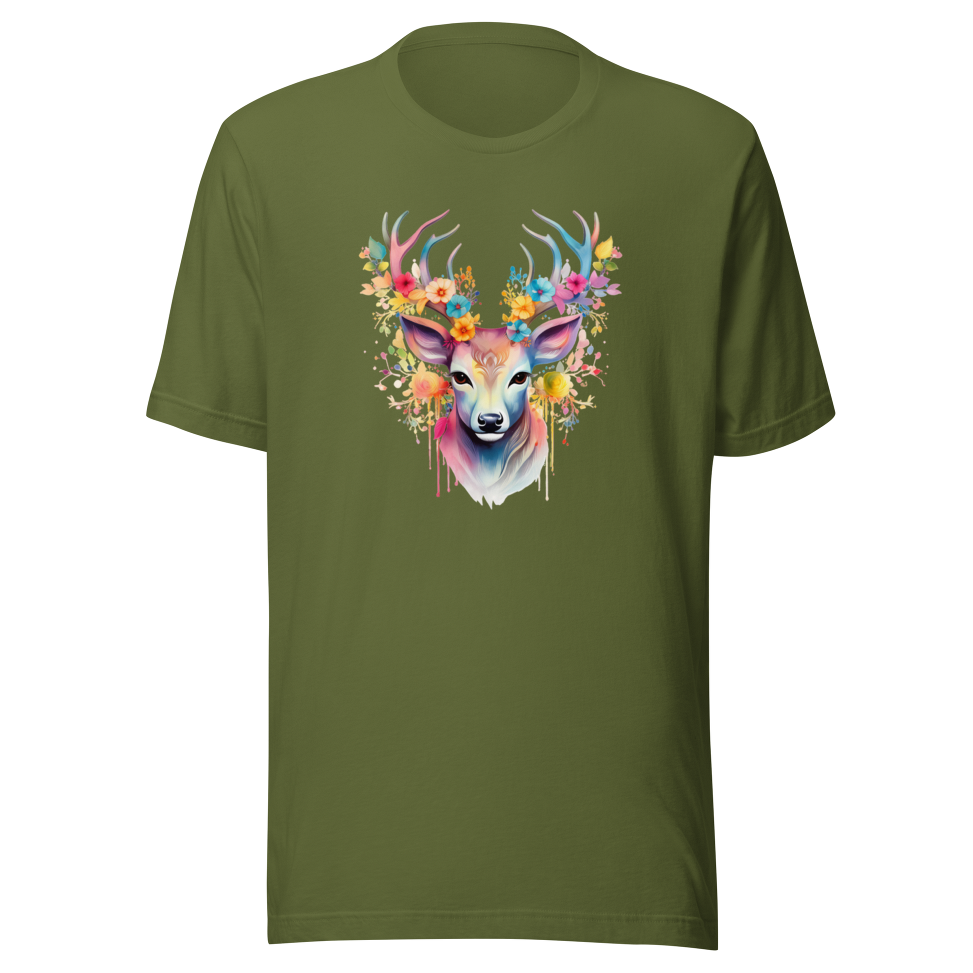 Olivgrön unisex t-shirt med ett färgglatt tryck av en hjort med blommor i hornen tryckt på framsidan.
Olive unisex t-shirt with a colorful print of a deer with flowers in its antlers printed on the front.