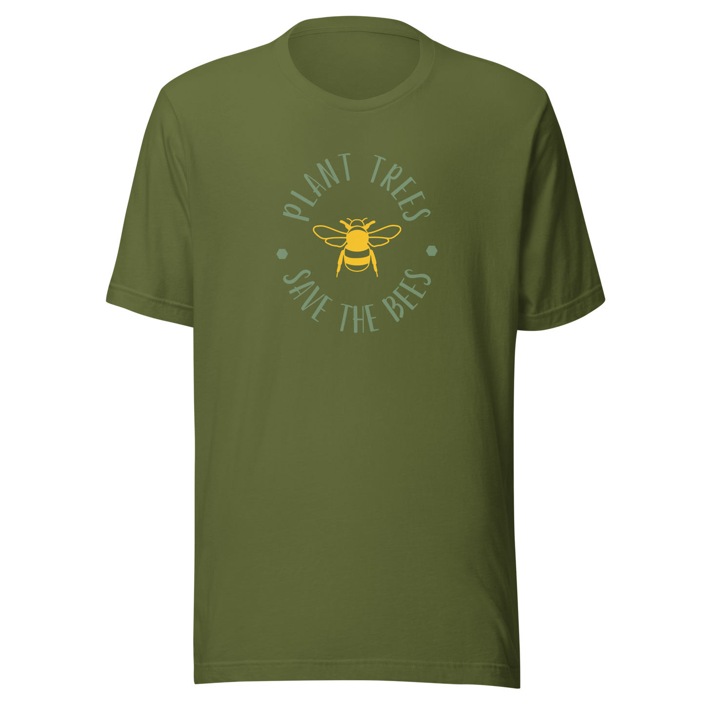 Olivgrön unisex t-shirt med ett gult bimotiv och texten “Plant Trees, Save the Bees” tryckt på framsidan.
Olive unisex t-shirt with a yellow bee and the text “Plant Trees, Save the Bees” printed on the front.