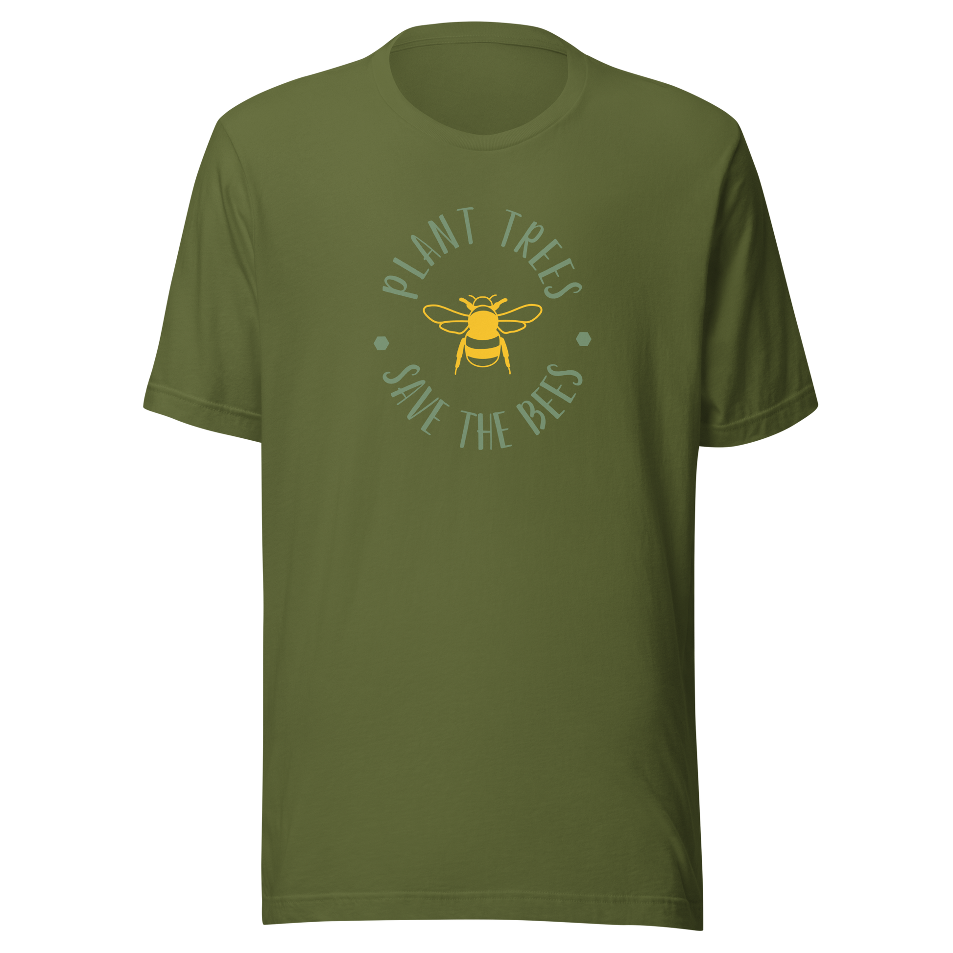 Olivgrön unisex t-shirt med ett gult bimotiv och texten “Plant Trees, Save the Bees” tryckt på framsidan.
Olive unisex t-shirt with a yellow bee and the text “Plant Trees, Save the Bees” printed on the front.