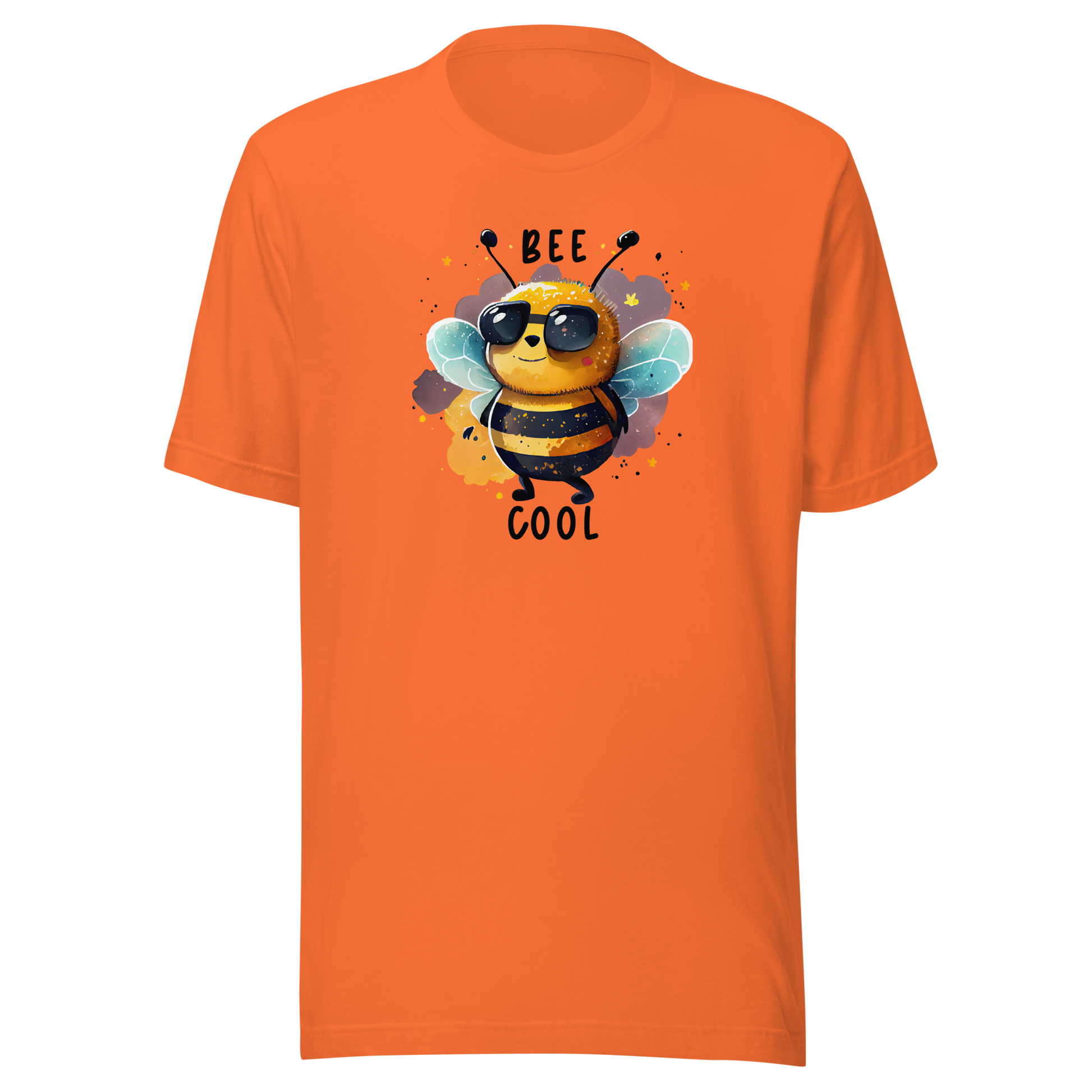 Orange unisex t-shirt med en tecknad bi i solglasögon och texten “Bee Cool” tryckt på framsidan.
Orange unisex t-shirt with a cartoon bee in sunglasses and the text “Bee Cool” printed on the front.