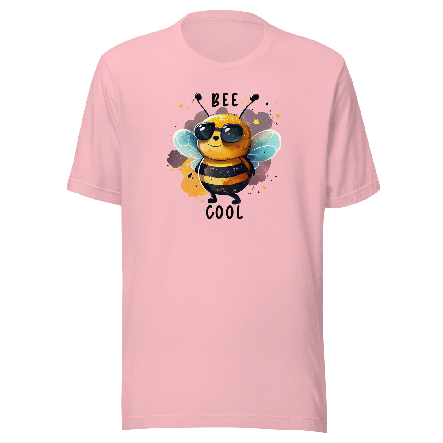 Rosa unisex t-shirt med en tecknad bi i solglasögon och texten “Bee Cool” tryckt på framsidan.
Pink unisex t-shirt with a cartoon bee in sunglasses and the text “Bee Cool” printed on the front.