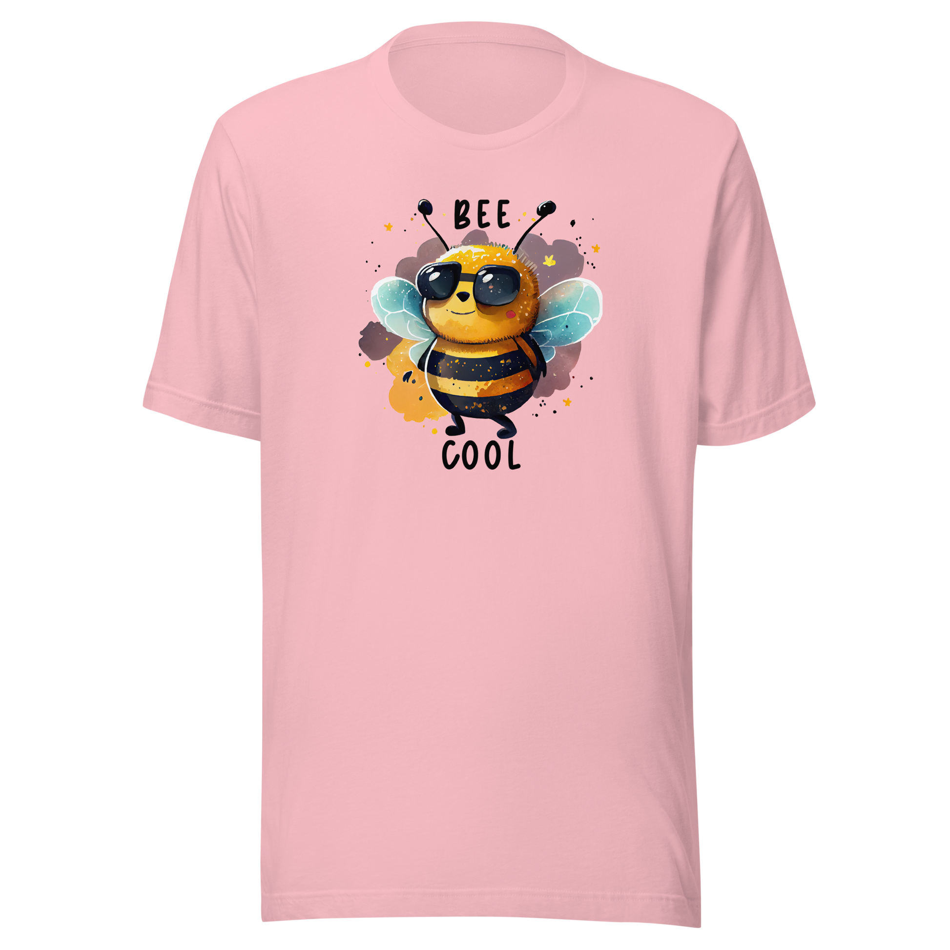 Rosa unisex t-shirt med en tecknad bi i solglasögon och texten “Bee Cool” tryckt på framsidan.
Pink unisex t-shirt with a cartoon bee in sunglasses and the text “Bee Cool” printed on the front.