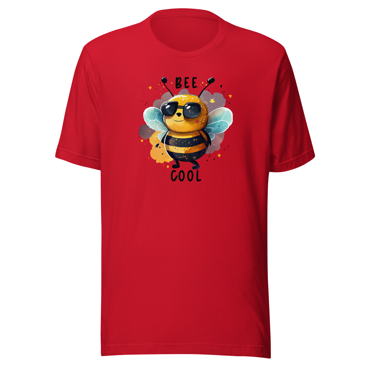 Röd unisex t-shirt med en tecknad bi i solglasögon och texten “Bee Cool” tryckt på framsidan.
Red unisex t-shirt with a cartoon bee in sunglasses and the text “Bee Cool” printed on the front.