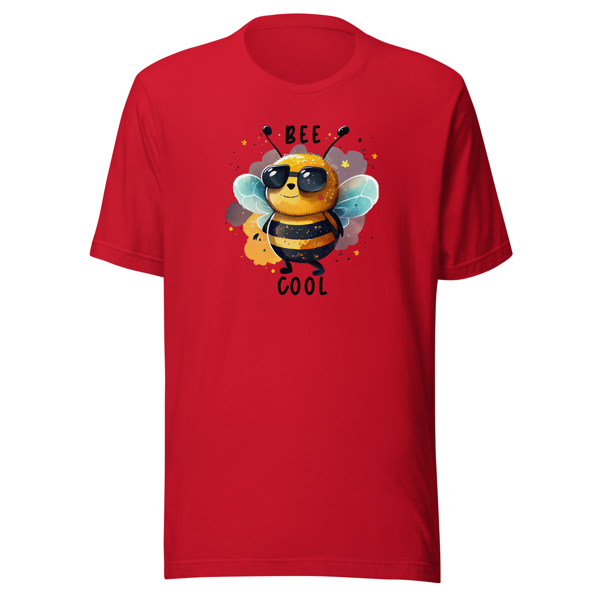 Röd unisex t-shirt med en tecknad bi i solglasögon och texten “Bee Cool” tryckt på framsidan.
Red unisex t-shirt with a cartoon bee in sunglasses and the text “Bee Cool” printed on the front.