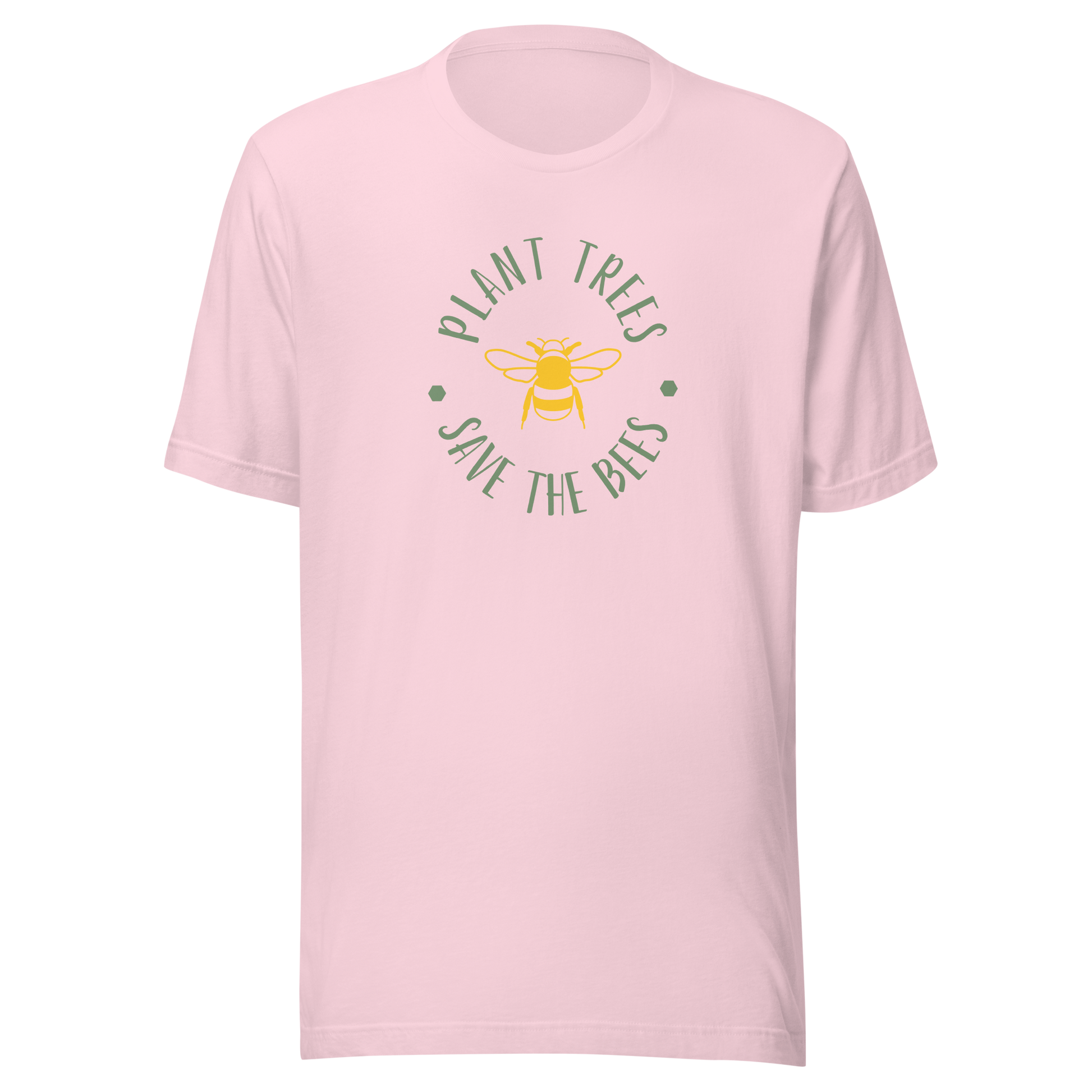 Ljusrosa unisex t-shirt med ett gult bimotiv och texten “Plant Trees, Save the Bees” tryckt på framsidan.
Soft pink unisex t-shirt with a yellow bee and the text “Plant Trees, Save the Bees” printed on the front.