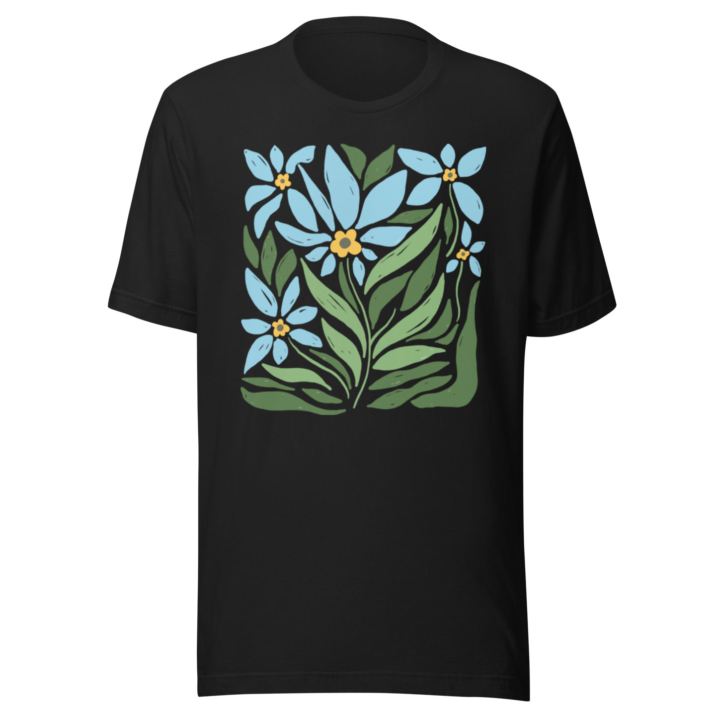 Vintage svart unisex t-shirt med ett stiliserat motiv av blå blommor och gröna blad tryckt på framsidan.
Vintage black unisex t-shirt with a stylized design of blue flowers and green leaves printed on the front.