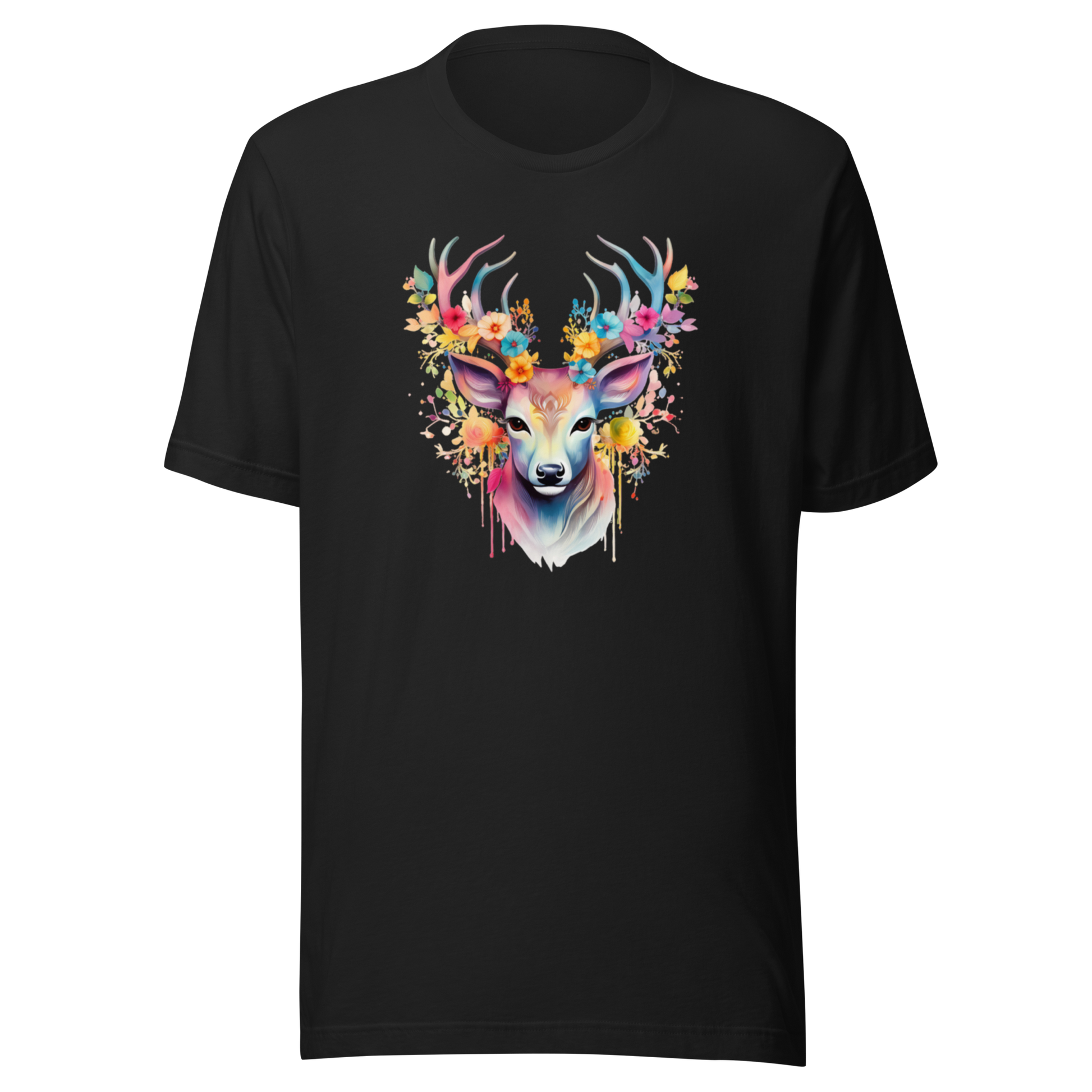Vintage svart unisex t-shirt med ett färgglatt tryck av en hjort med blommor i hornen tryckt på framsidan.
Vintage black unisex t-shirt with a colorful print of a deer with flowers in its antlers printed on the front.