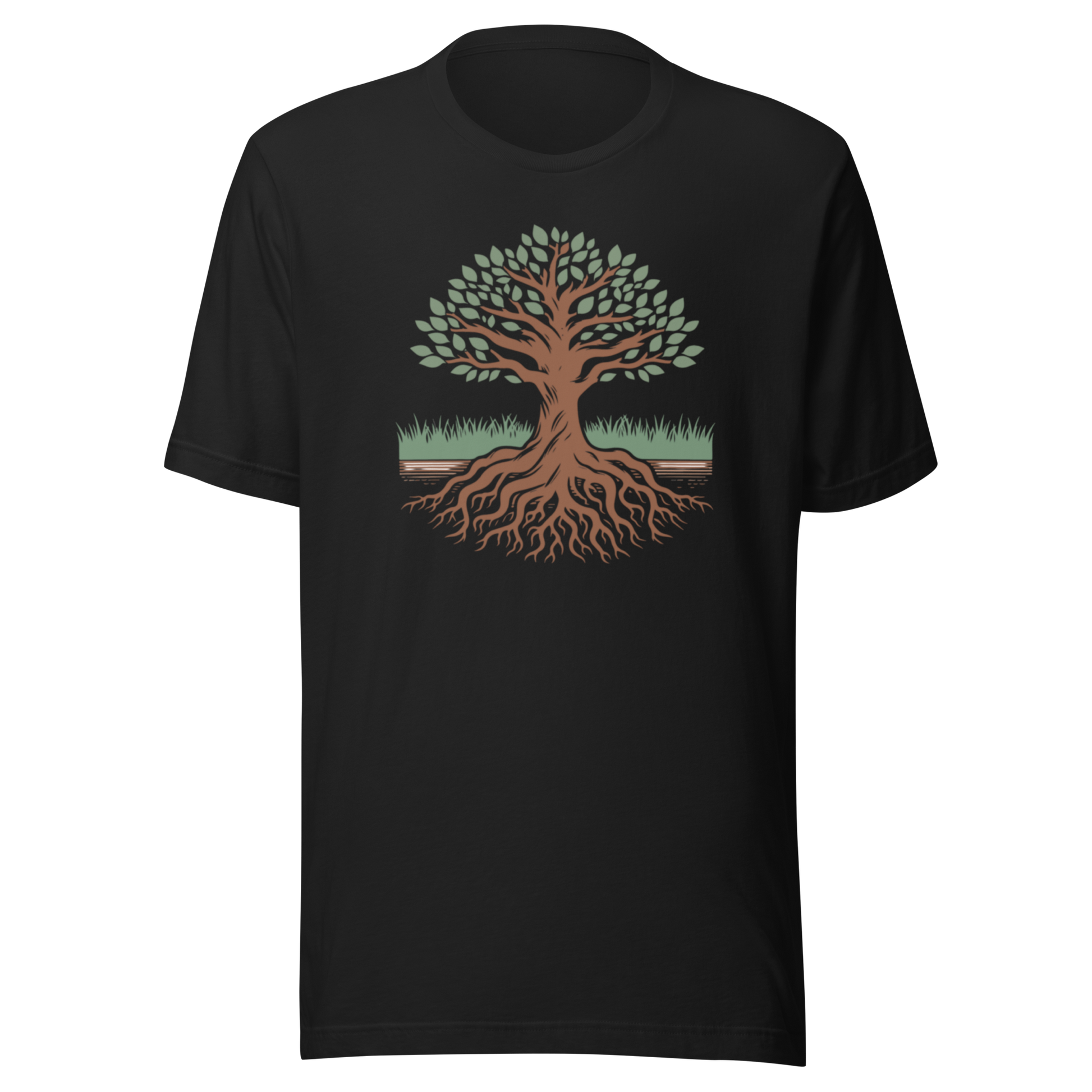 Vintage svart unisex t-shirt med ett motiv av ett träd med gröna blad och djupa rötter tryckt på framsidan.
Vintage black unisex t-shirt with a design of a tree with green leaves and deep roots printed on the front.