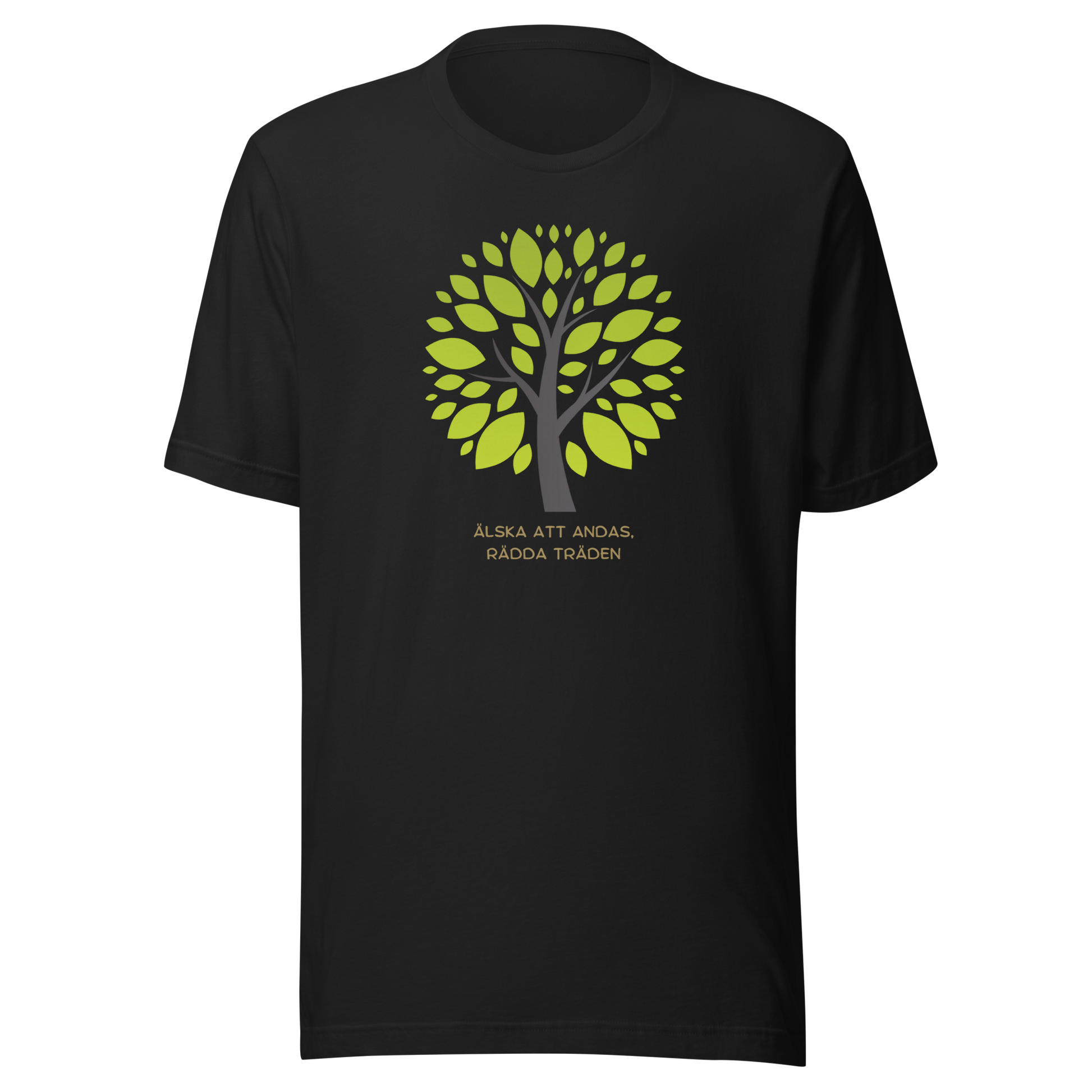 Vintage svart unisex t-shirt med ett grönt träd och texten “Älska att andas. Rädda träden.” tryckt på framsidan.
Vintage black unisex t-shirt with a green tree and the text “Love to breathe. Save the trees.” printed on the front.