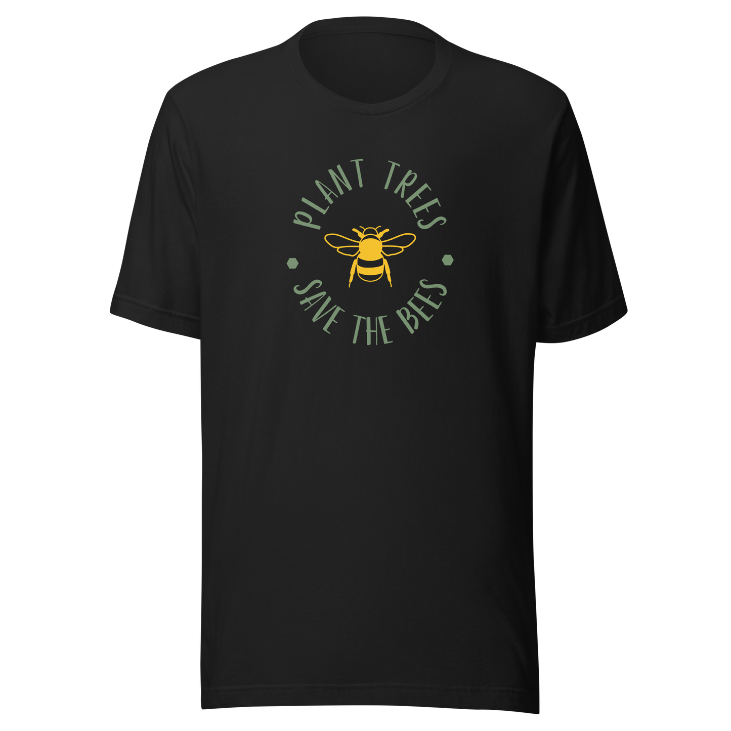 Vintage svart unisex t-shirt med ett gult bimotiv och texten “Plant Trees, Save the Bees” tryckt på framsidan.
Vintage black unisex t-shirt with a yellow bee and the text “Plant Trees, Save the Bees” printed on the front.