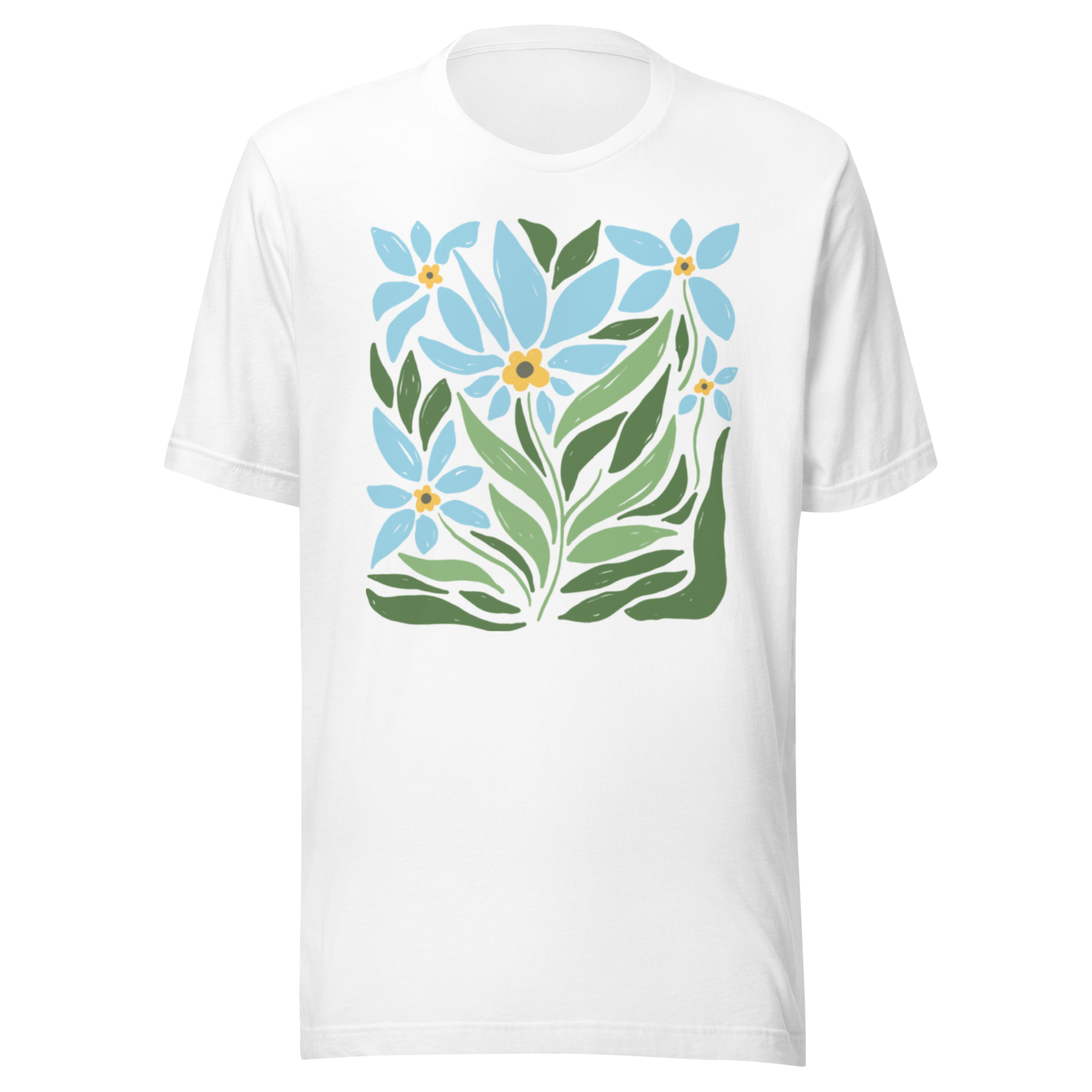 Vit unisex t-shirt med ett stiliserat motiv av blå blommor och gröna blad tryckt på framsidan.
White unisex t-shirt with a stylized design of blue flowers and green leaves printed on the front.