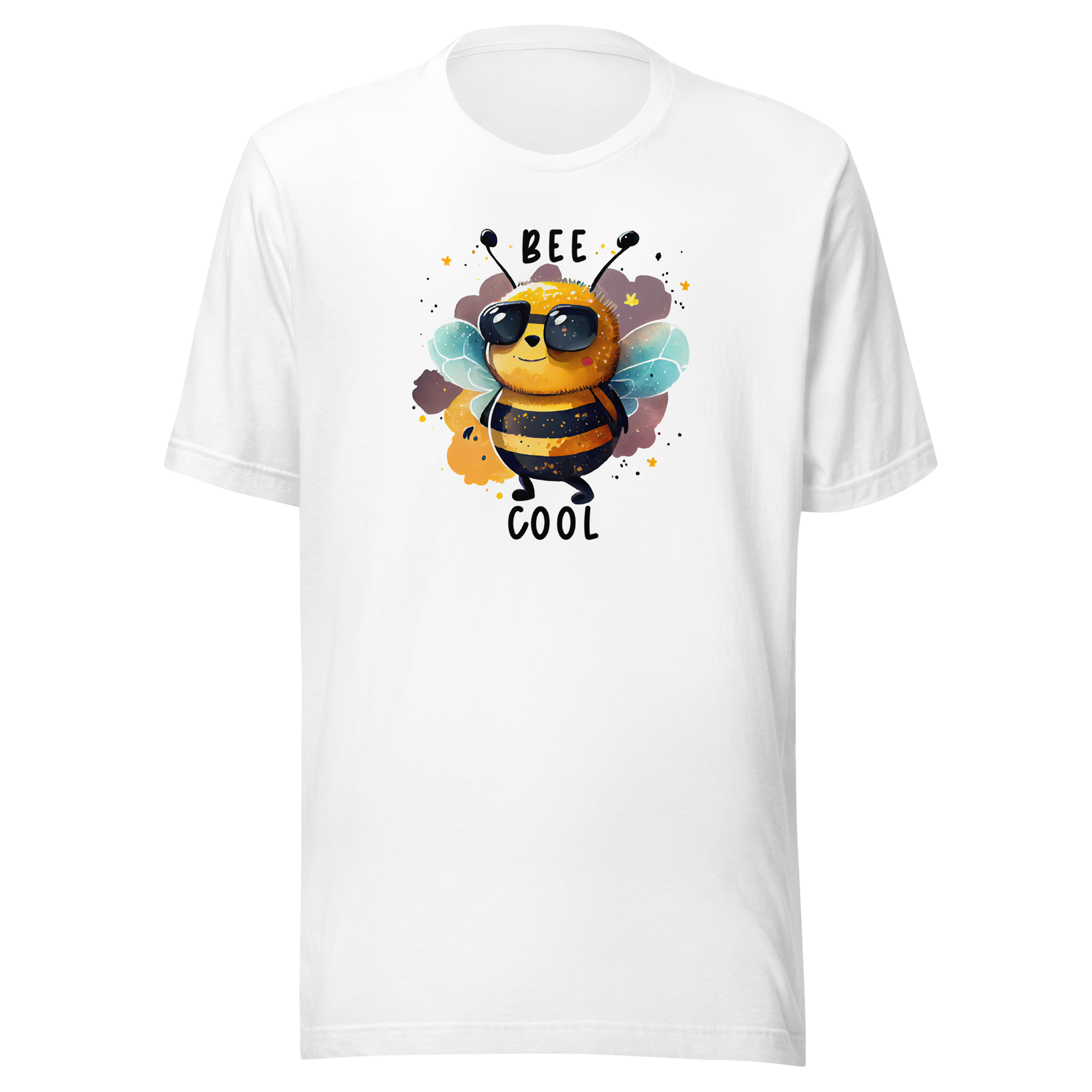 Vit unisex t-shirt med en tecknad bi i solglasögon och texten “Bee Cool” tryckt på framsidan.
White unisex t-shirt with a cartoon bee in sunglasses and the text “Bee Cool” printed on the front.