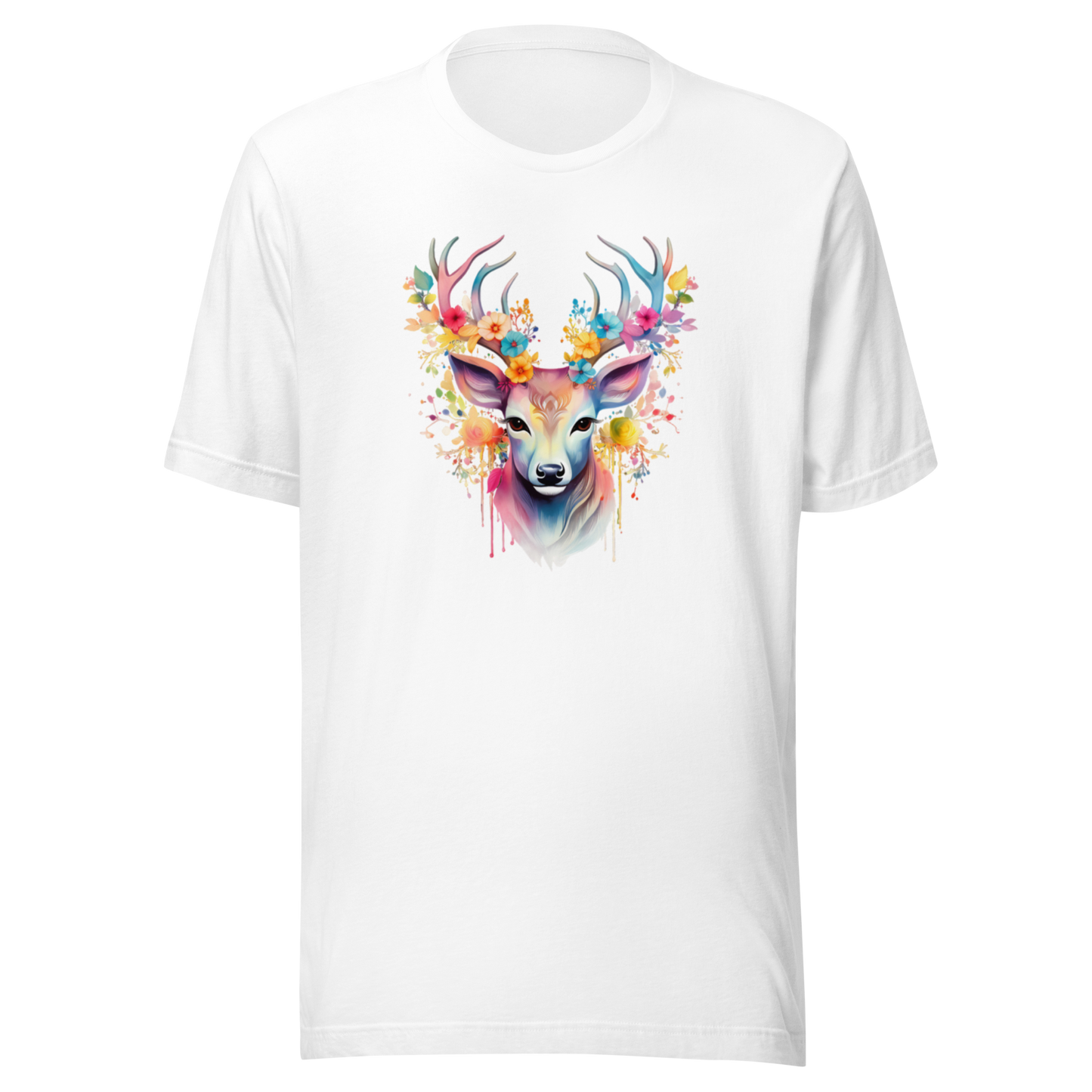 Vit unisex t-shirt med ett färgglatt tryck av en hjort med blommor i hornen tryckt på framsidan.
White unisex t-shirt with a colorful print of a deer with flowers in its antlers printed on the front.