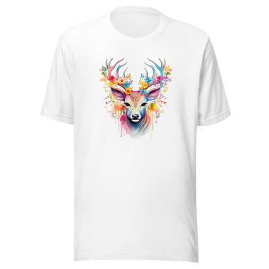Vit unisex t-shirt med ett färgglatt tryck av en hjort med blommor i hornen tryckt på framsidan.
White unisex t-shirt with a colorful print of a deer with flowers in its antlers printed on the front.