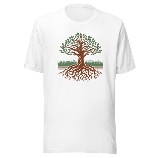 Vit unisex t-shirt med ett motiv av ett träd med gröna blad och djupa rötter tryckt på framsidan.
White unisex t-shirt with a design of a tree with green leaves and deep roots printed on the front.