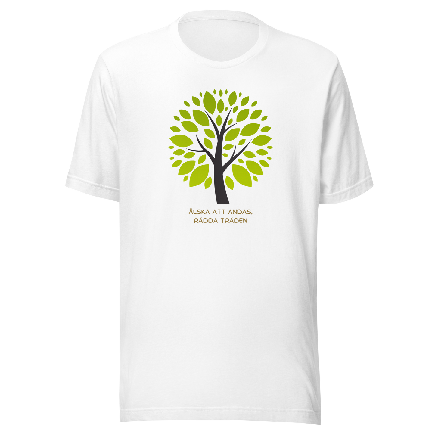 Vit unisex t-shirt med ett grönt träd och texten “Älska att andas. Rädda träden.” tryckt på framsidan.
White unisex t-shirt with a green tree and the text “Love to breathe. Save the trees.” printed on the front.