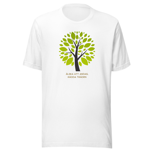 Vit unisex t-shirt med ett grönt träd och texten “Älska att andas. Rädda träden.” tryckt på framsidan.
White unisex t-shirt with a green tree and the text “Love to breathe. Save the trees.” printed on the front.