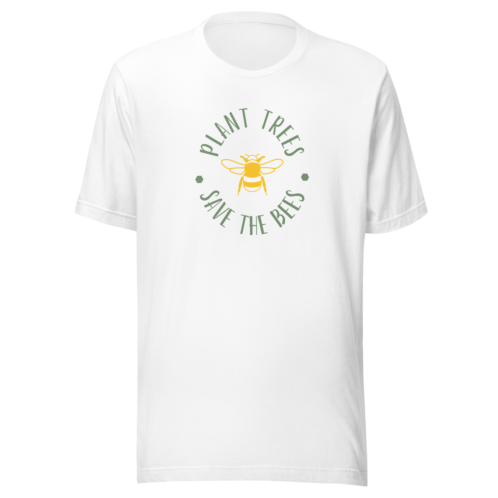 Vit unisex t-shirt med ett gult bimotiv och texten “Plant Trees, Save the Bees” tryckt på framsidan.
White unisex t-shirt with a yellow bee and the text “Plant Trees, Save the Bees” printed on the front.