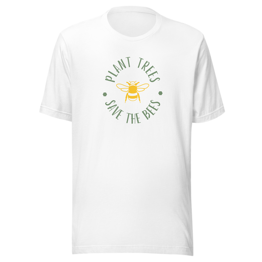 Vit unisex t-shirt med ett gult bimotiv och texten “Plant Trees, Save the Bees” tryckt på framsidan.
White unisex t-shirt with a yellow bee and the text “Plant Trees, Save the Bees” printed on the front.