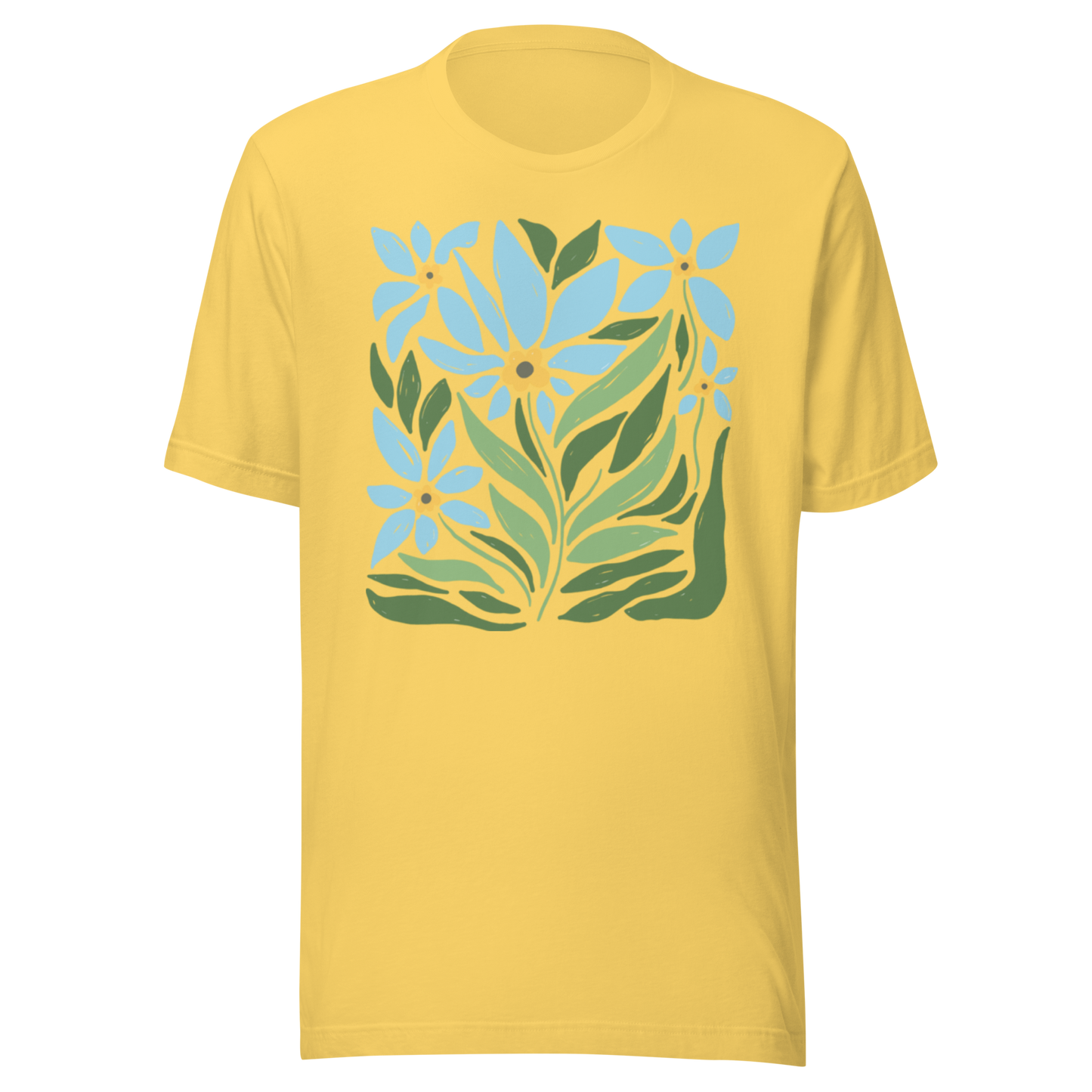 Gul unisex t-shirt med ett stiliserat motiv av blå blommor och gröna blad tryckt på framsidan.
Yellow unisex t-shirt with a stylized design of blue flowers and green leaves printed on the front.
