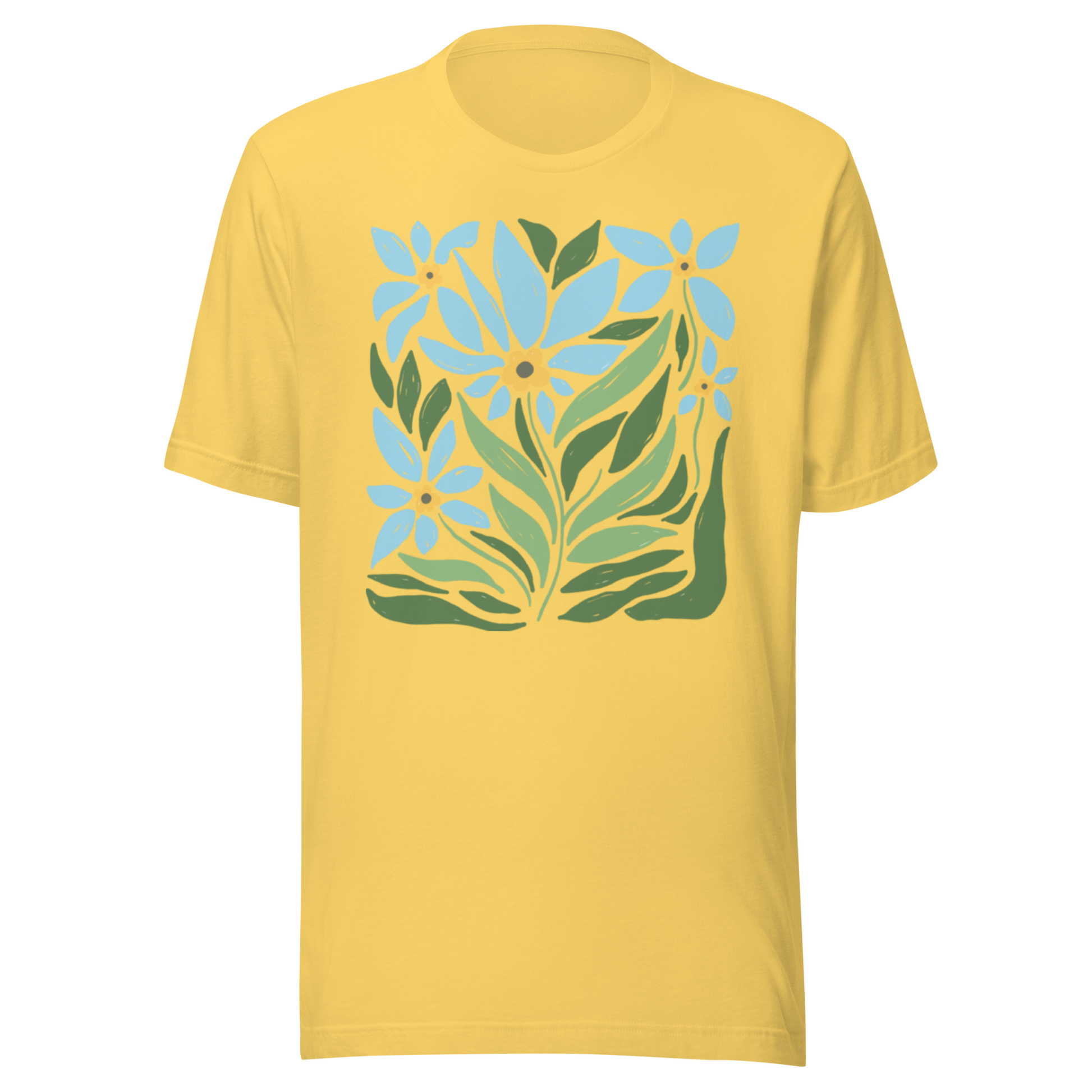 Gul unisex t-shirt med ett stiliserat motiv av blå blommor och gröna blad tryckt på framsidan.
Yellow unisex t-shirt with a stylized design of blue flowers and green leaves printed on the front.