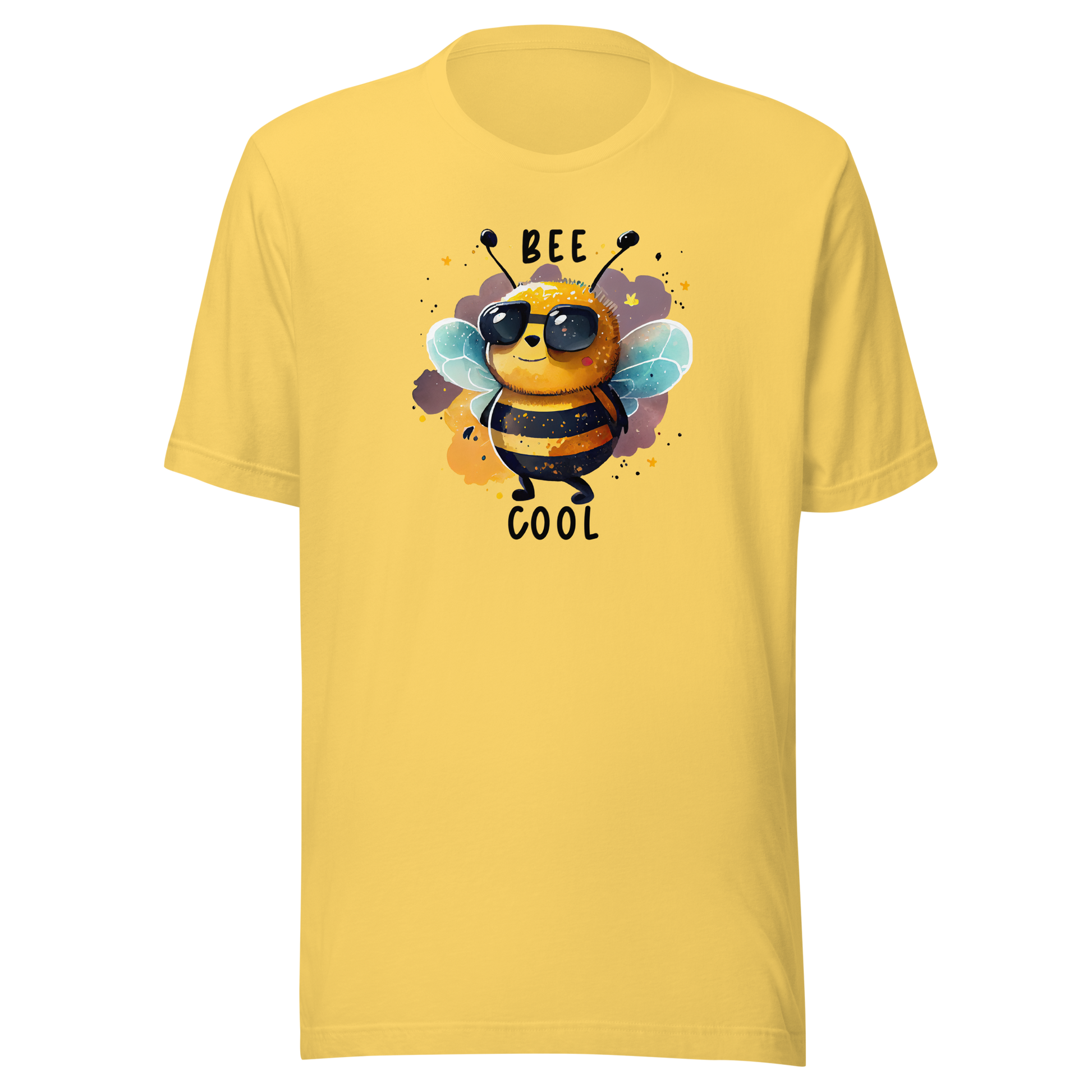 Gul unisex t-shirt med en tecknad bi i solglasögon och texten “Bee Cool” tryckt på framsidan.
Yellow unisex t-shirt with a cartoon bee in sunglasses and the text “Bee Cool” printed on the front.