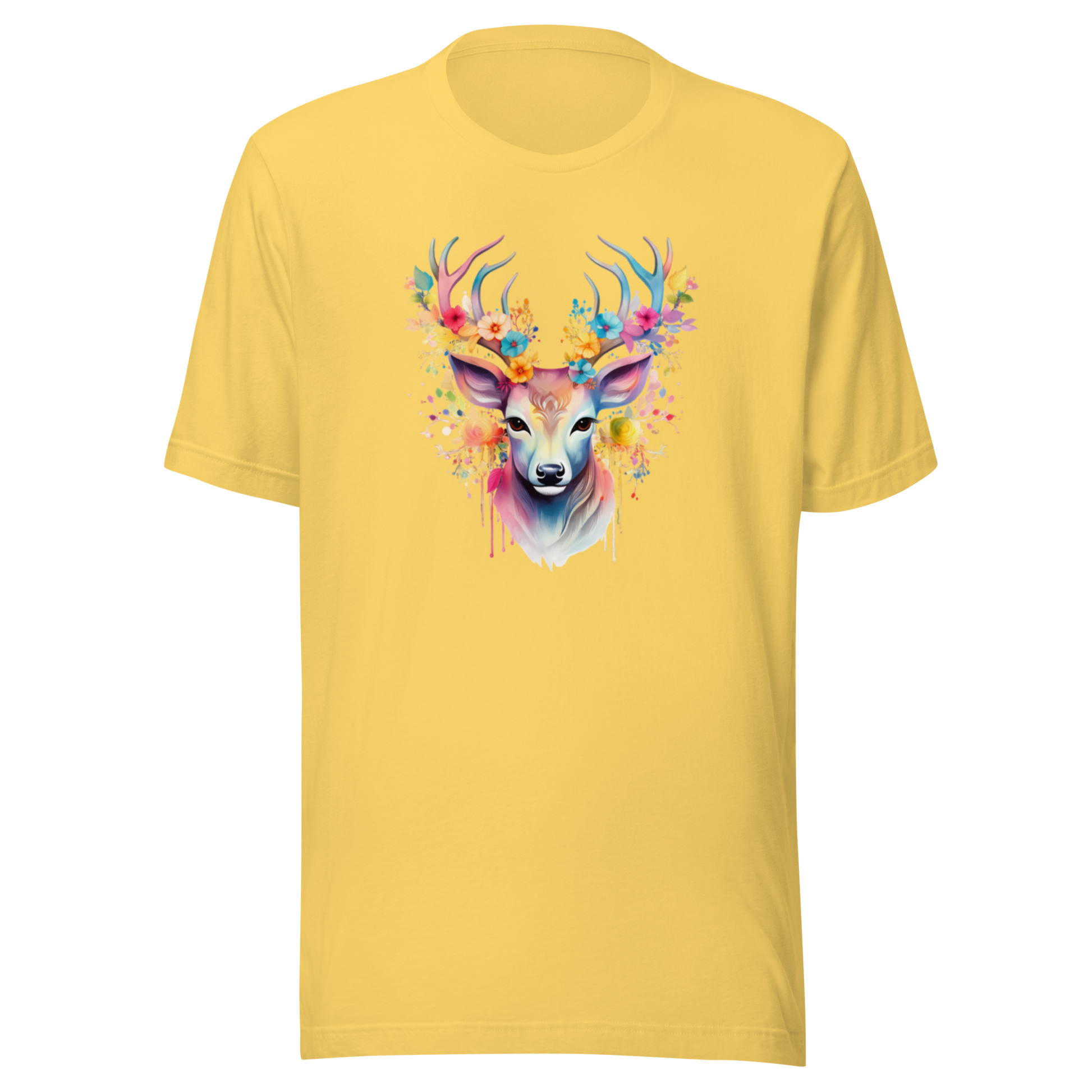 Gul unisex t-shirt med ett färgglatt tryck av en hjort med blommor i hornen tryckt på framsidan.
Yellow unisex t-shirt with a colorful print of a deer with flowers in its antlers printed on the front.