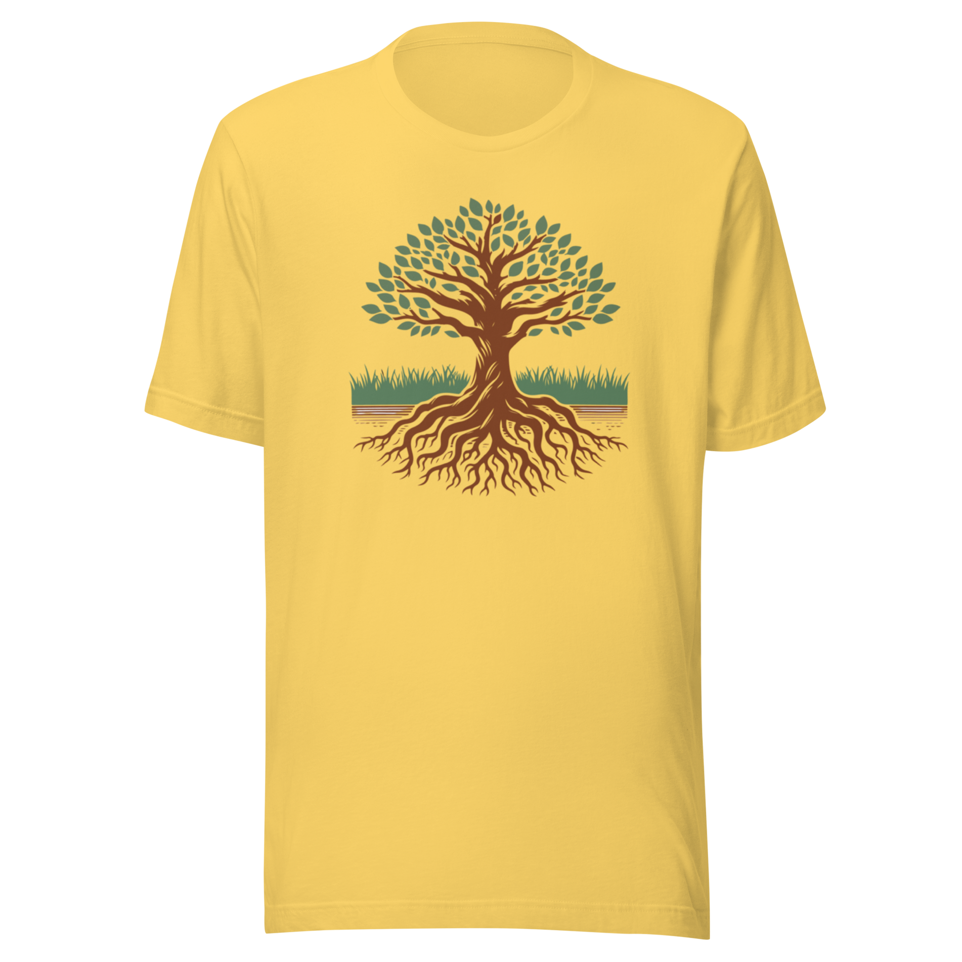 Gul unisex t-shirt med ett motiv av ett träd med gröna blad och djupa rötter tryckt på framsidan.
Yellow unisex t-shirt with a design of a tree with green leaves and deep roots printed on the front.