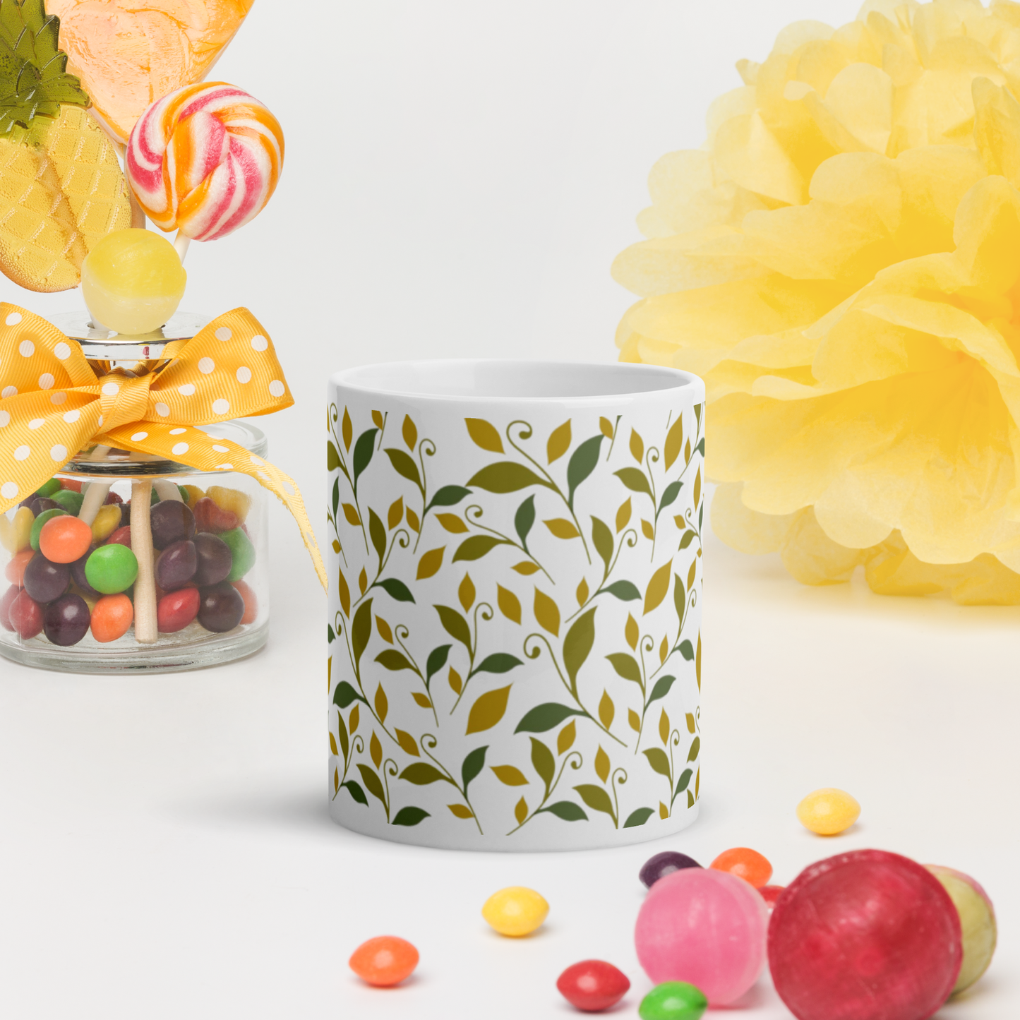 Vit Blank Mugg - Lövmönster