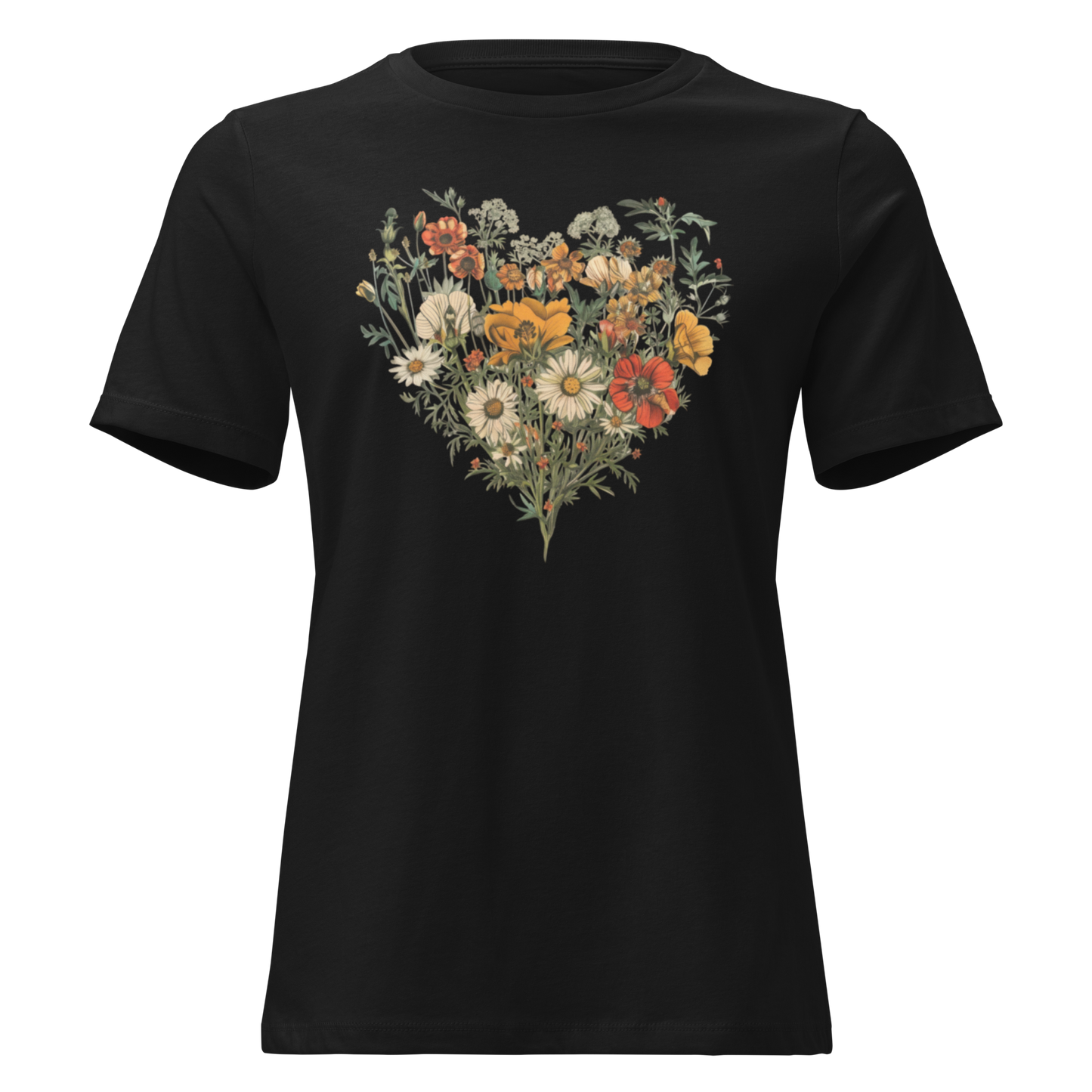 Avslappnad T-shirt för Kvinnor – Hjärta av Vildblommor
