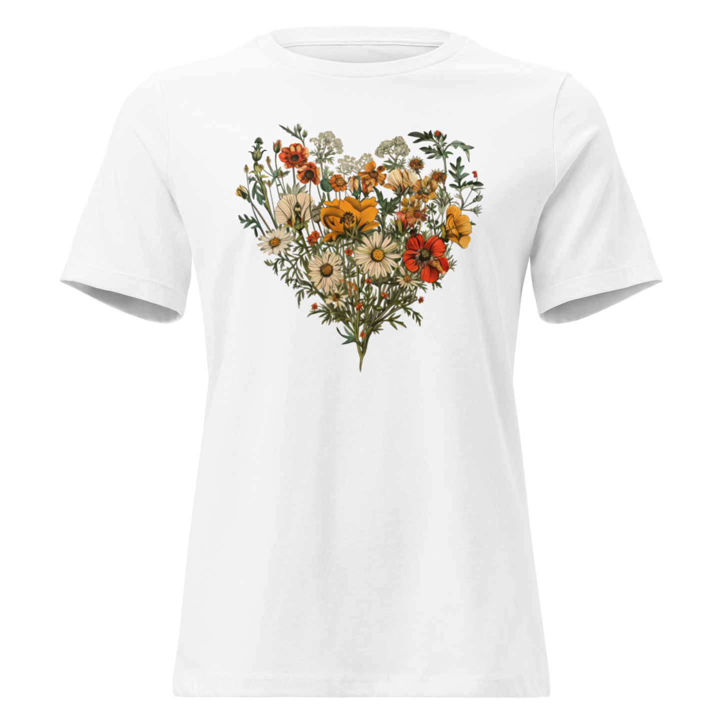 Avslappnad T-shirt för Kvinnor – Hjärta av Vildblommor